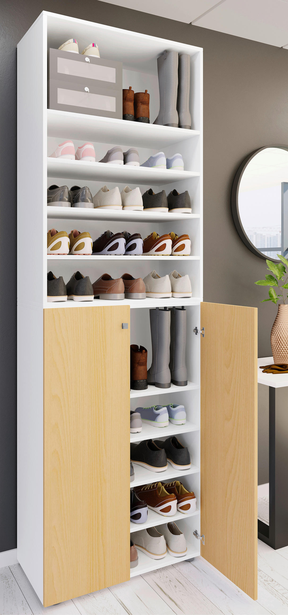 SCHUHSCHRANK Lona  in 70/220/40 cm  - Weiss/Silberfarben, Design, Holzwerkstoff/Kunststoff (70/220/40cm) - MID.YOU