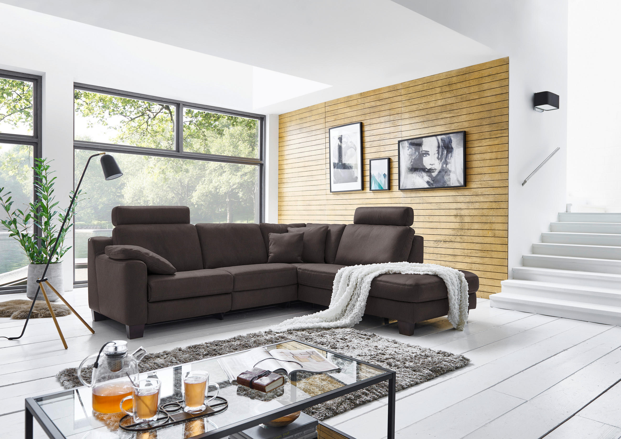 ECKSOFA in Echtleder  - Eichefarben, Design, Leder/Holz (259/235cm) - Valdera