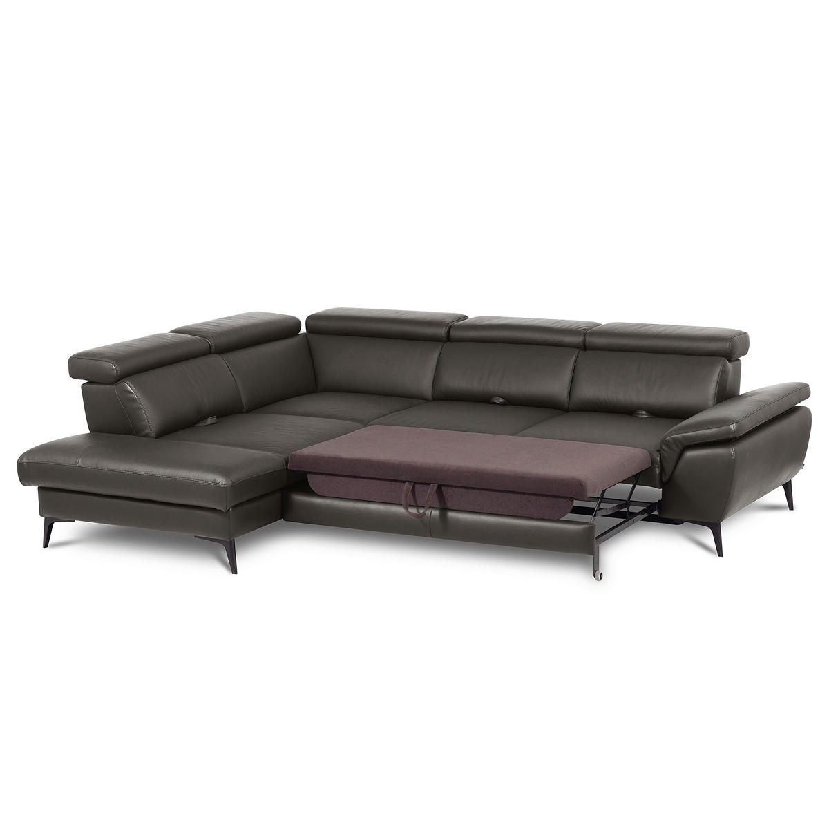 ECKSOFA Dunkelbraun Echtleder Lederlook Bettkasten, Schlaffunktion, Rücken echt, Armteilverstellung, Kopfteilverstellung, Sitztiefenverstellung  - Dunkelbraun/Schwarz, Design, Leder/Textil (220/274cm) - Livetastic