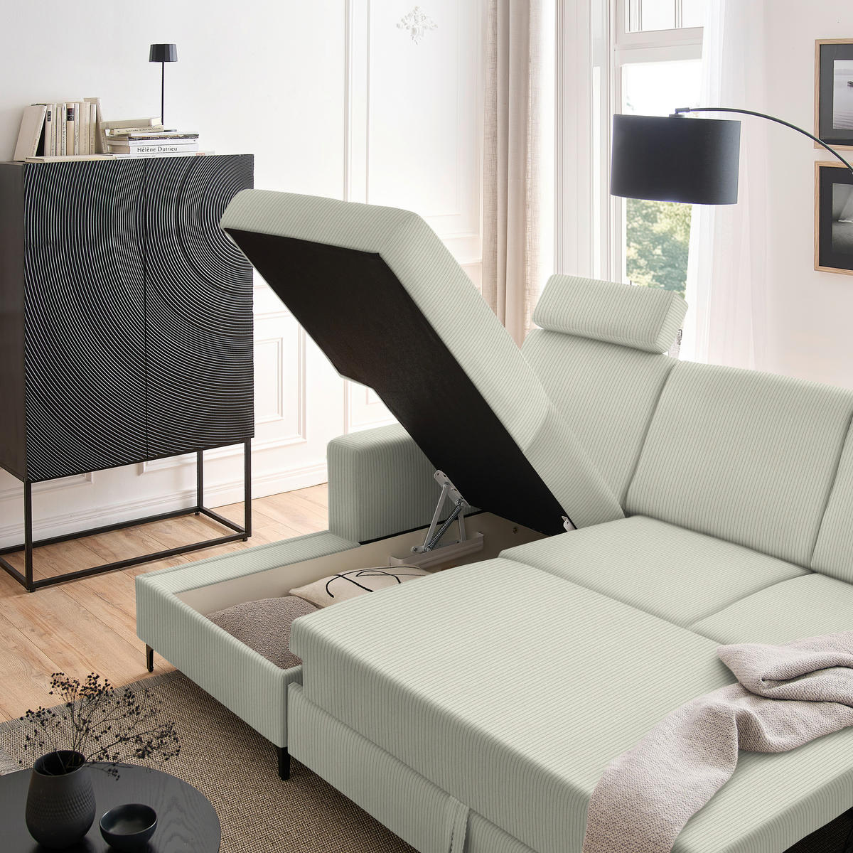 ECKSOFA Ecru Cord  - Ecru/Schwarz, KONVENTIONELL, Textil/Metall (167/247cm) - Stylife