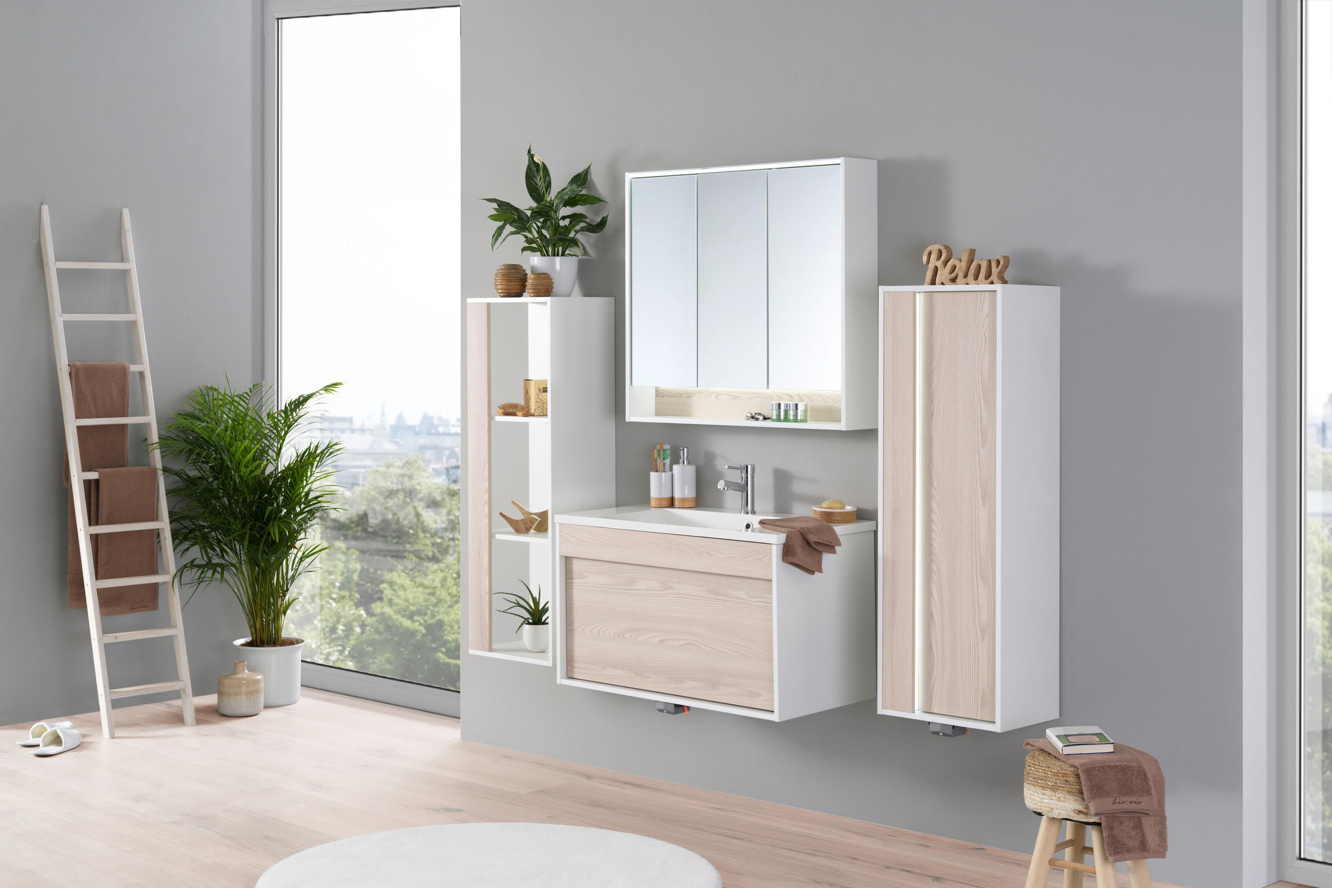 BADEZIMMER  in 90 cm  - Eschefarben/Weiß, KONVENTIONELL, Glas/Holzwerkstoff (90cm) - Voleo