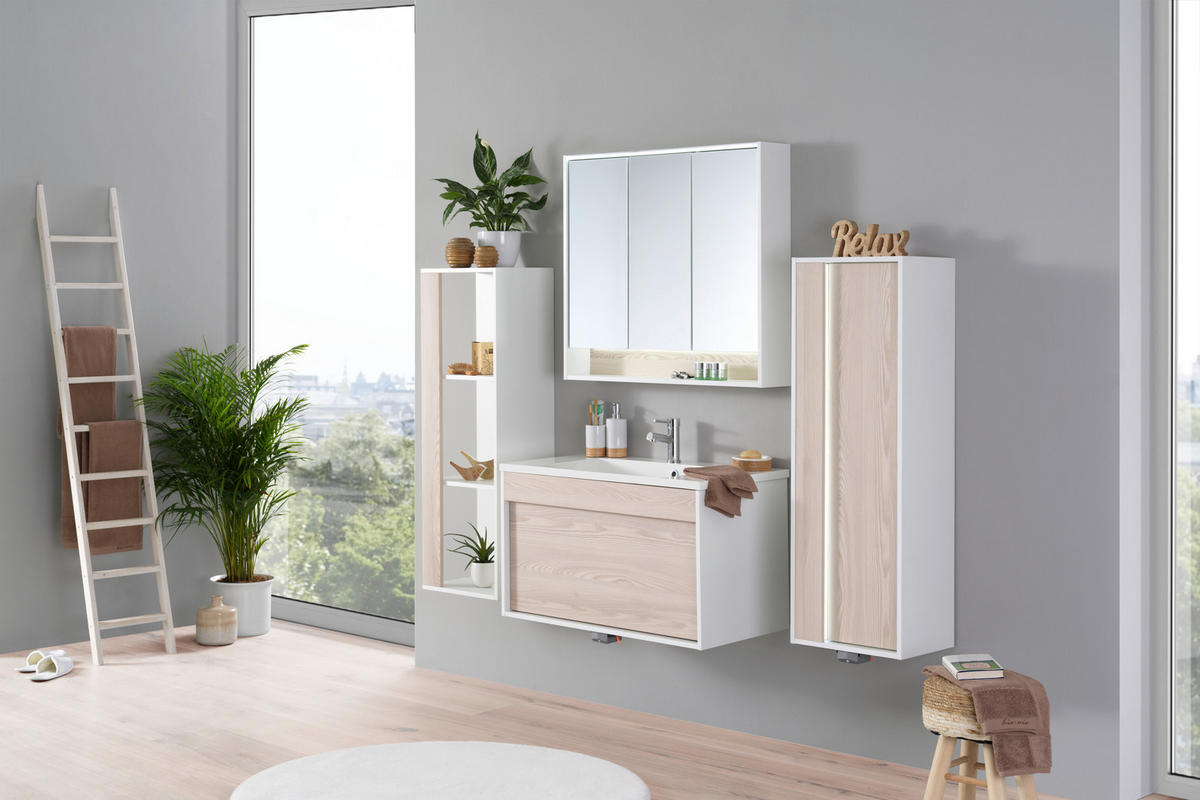 BADEZIMMER  in 90 cm  - Eschefarben/Weiß, KONVENTIONELL, Glas/Holzwerkstoff (90cm) - Voleo