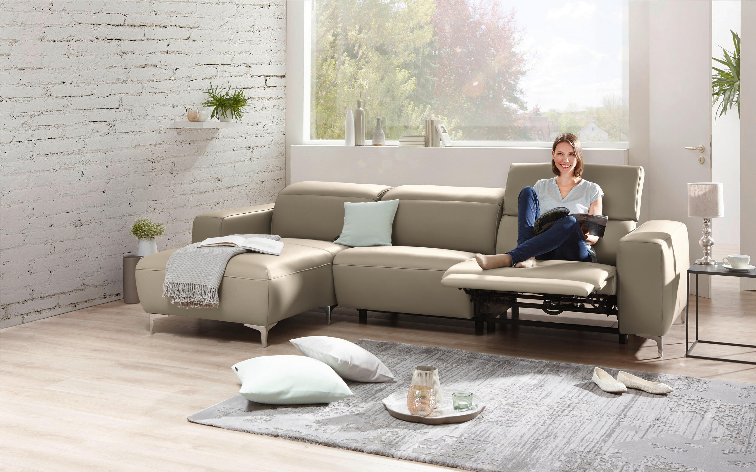 ECKSOFA Hellbraun Echtleder  - Chromfarben/Hellbraun, Design, Leder/Metall (177/292cm) - Pure Home Lifestyle