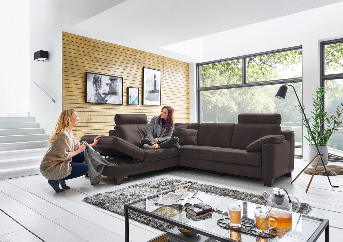 ECKSOFA in Echtleder Mokka  - Eichefarben/Mokka, Design, Leder/Holz (235/259cm) - Valdera