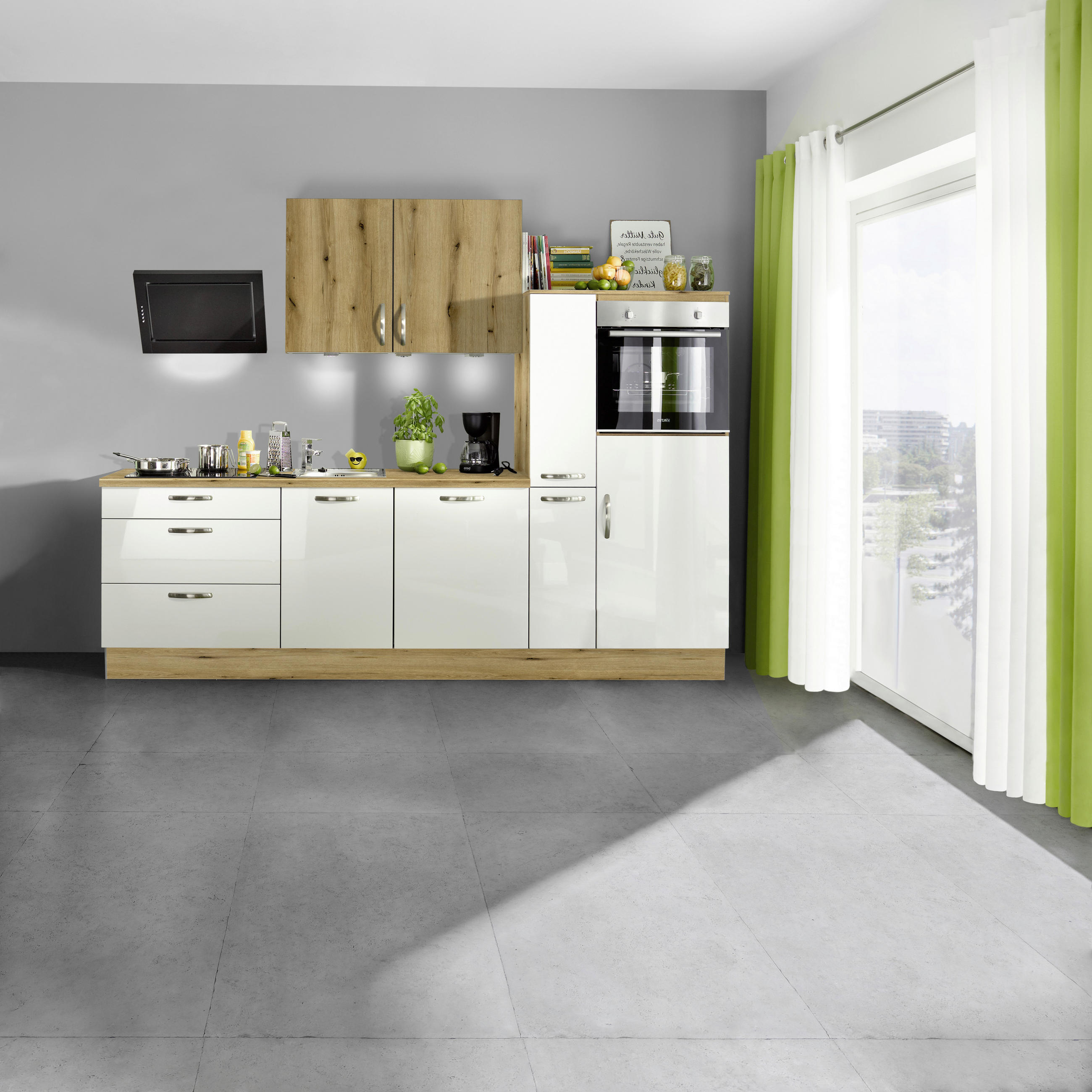KÜCHENBLOCK 280 cm   in Eichefarben, Weiß Hochglanz  - Edelstahlfarben/Eichefarben, MODERN, Holzwerkstoff/Metall (280cm) - Xora