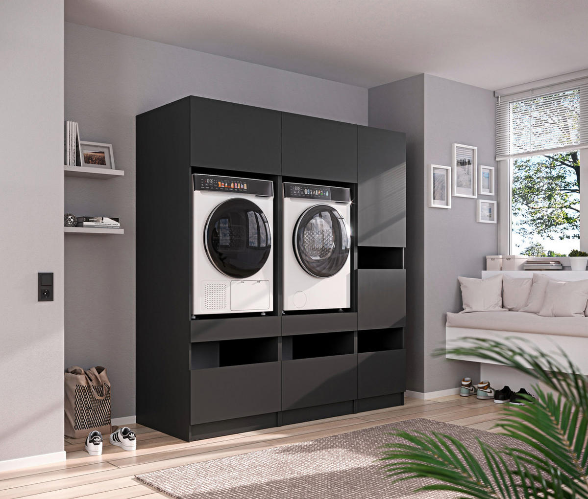 MEHRZWECKSCHRANK 50/200/68 cm  in Anthrazit  - Anthrazit/Schwarz, Design, Holzwerkstoff/Metall (50/200/68cm) - Milino