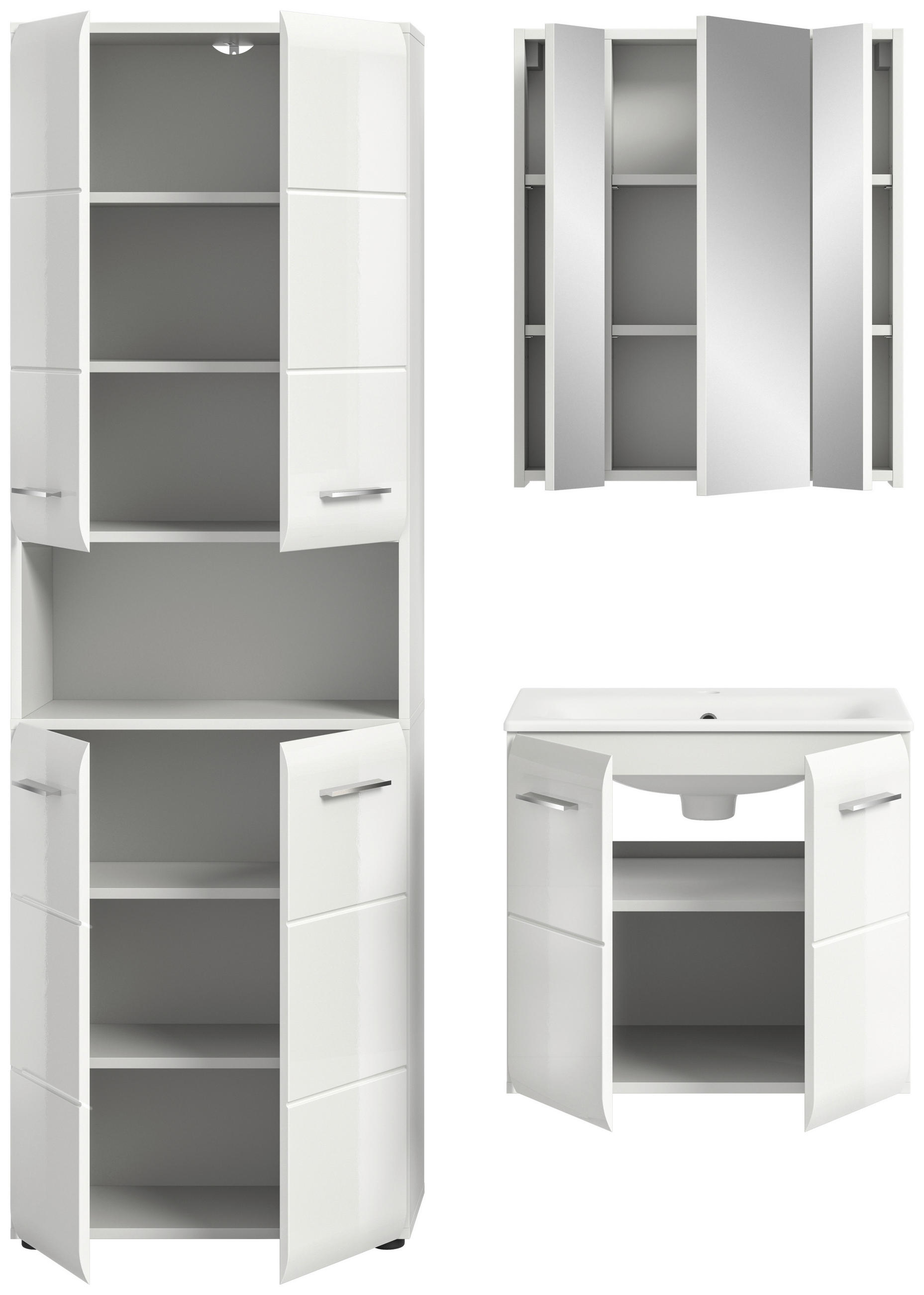 Thumbnail - Mid.you Badezimmer Ice, Weiß Hochglanz, Kunststoff, 4-teilig, 11 Fächer, 120x185x30 cm, FSC Mix, hängend, stehend, Badez...