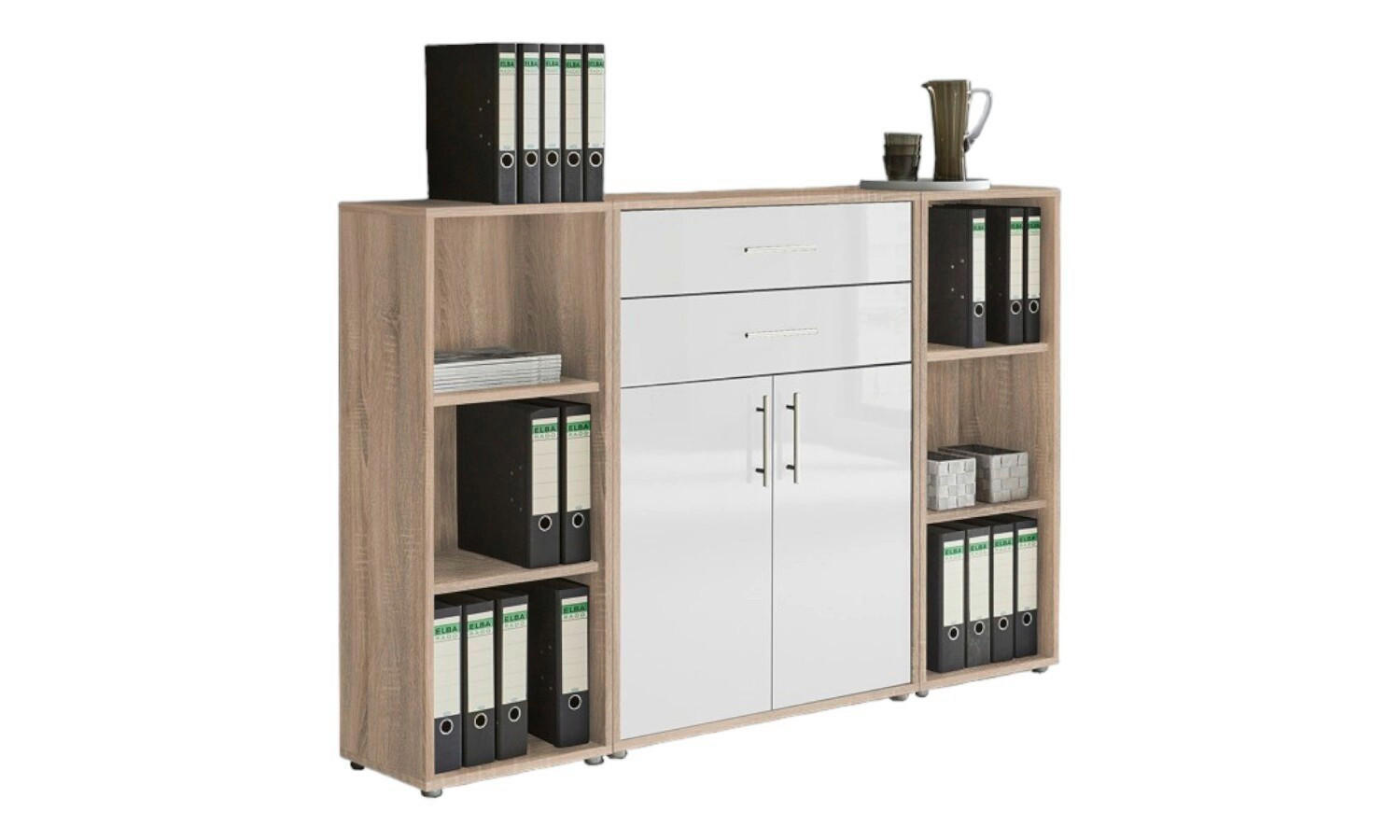 AKTENSCHRANK Sonoma Eiche, Weiß Hochglanz  - Weiß Hochglanz/Sonoma Eiche, MODERN, Holzwerkstoff (172,6/113,6/33cm) - MID.YOU
