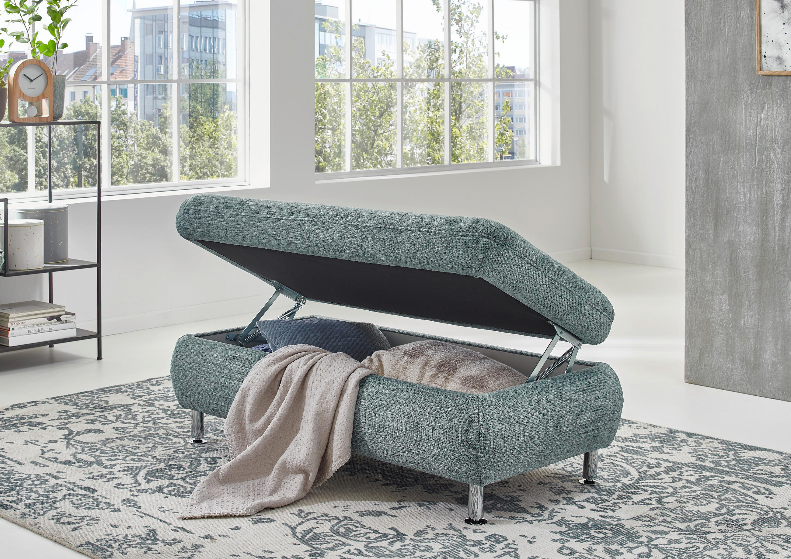 HOCKER Webstoff Blau  - Chromfarben/Blau, Design, Textil/Metall (129/47/64cm) - Beldomo Style