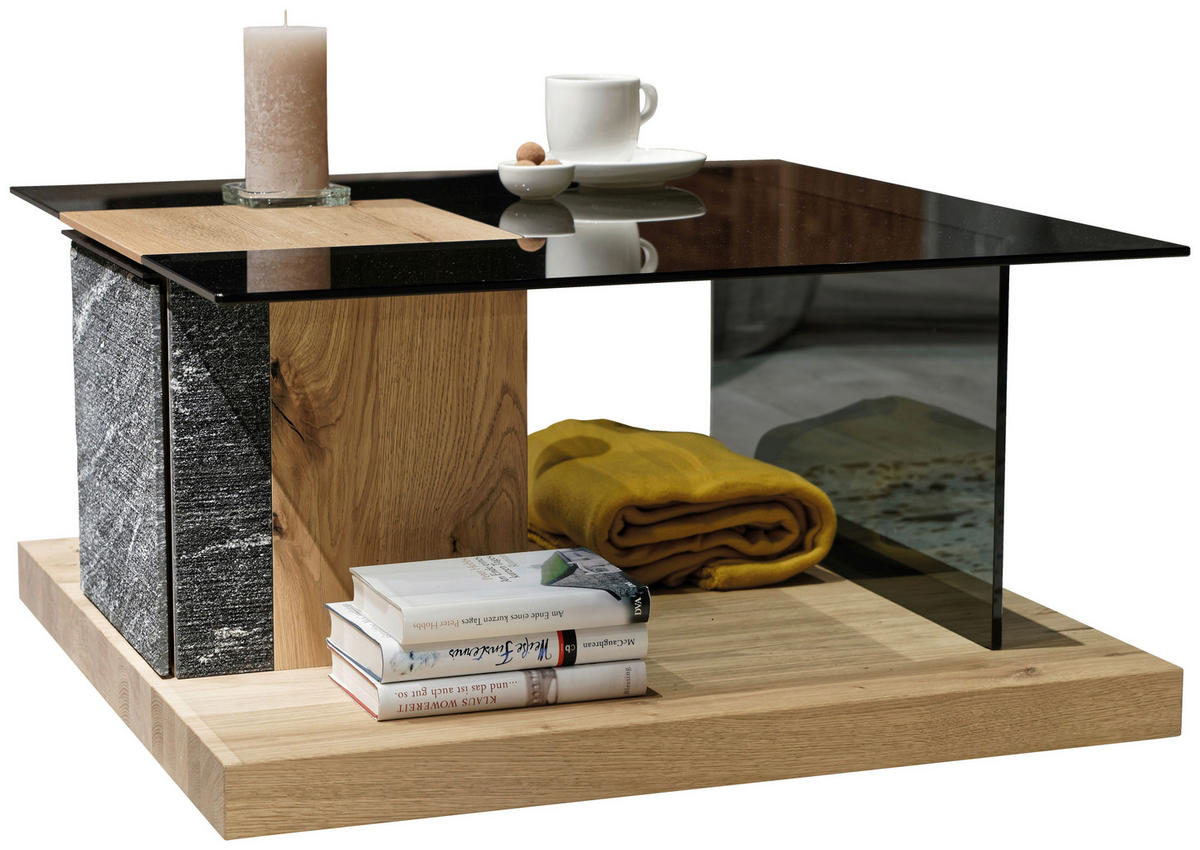 COUCHTISCH in Holz, Glas, Stein 80,6/80,6/42,3 cm  - Graphitfarben/Naturfarben, Design, Glas/Holz (80,6/80,6/42,3cm) - Voglauer