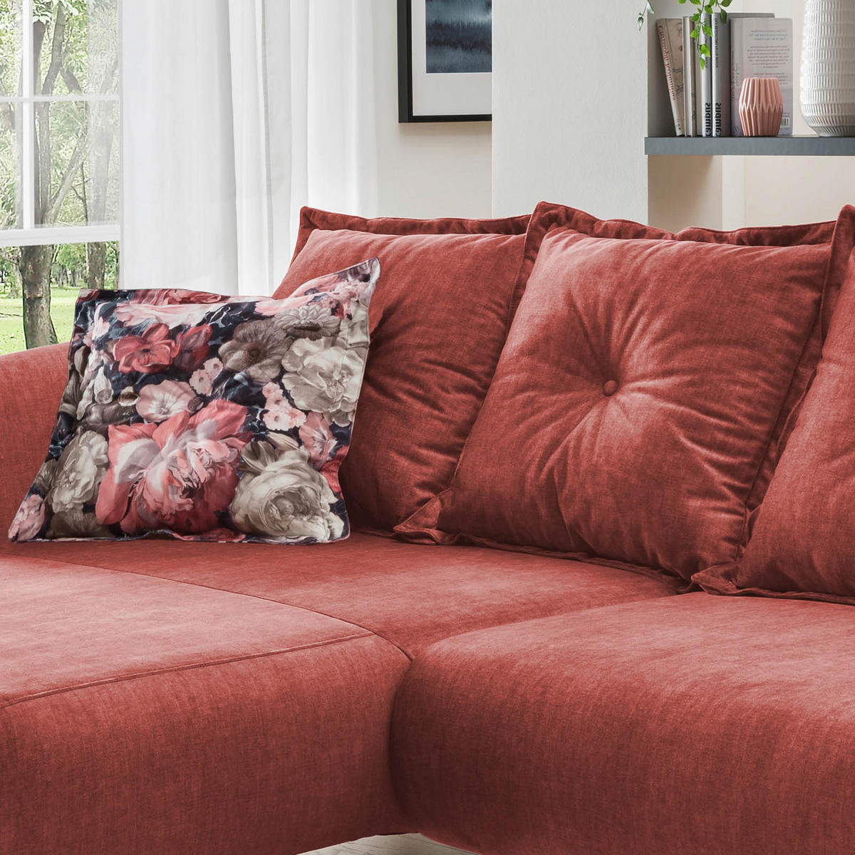 ECKSOFA in Velours Koralle, Multicolor  - Koralle/Buchefarben, Modern, Holz/Textil (162/277cm) - Livetastic
