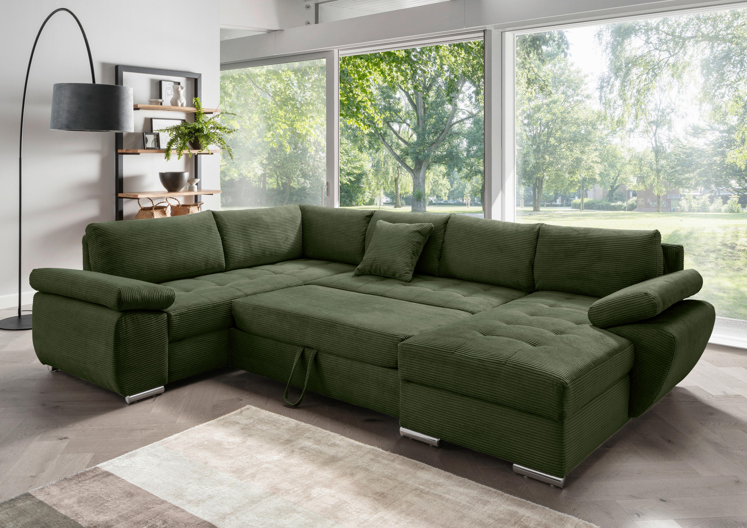 Wohnlandschaft in Cord Dunkelgrün  - Chromfarben/Dunkelgrün, KONVENTIONELL, Textil/Metall (219/305/157cm) - Livetastic