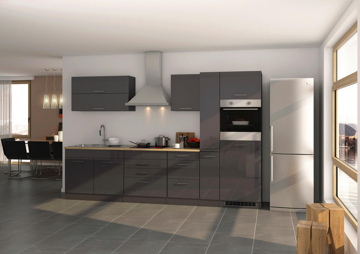 KÜCHENBLOCK 320 cm   in Graphitfarben  - Silberfarben/Graphitfarben, MODERN, Holzwerkstoff/Metall (320cm) - Held