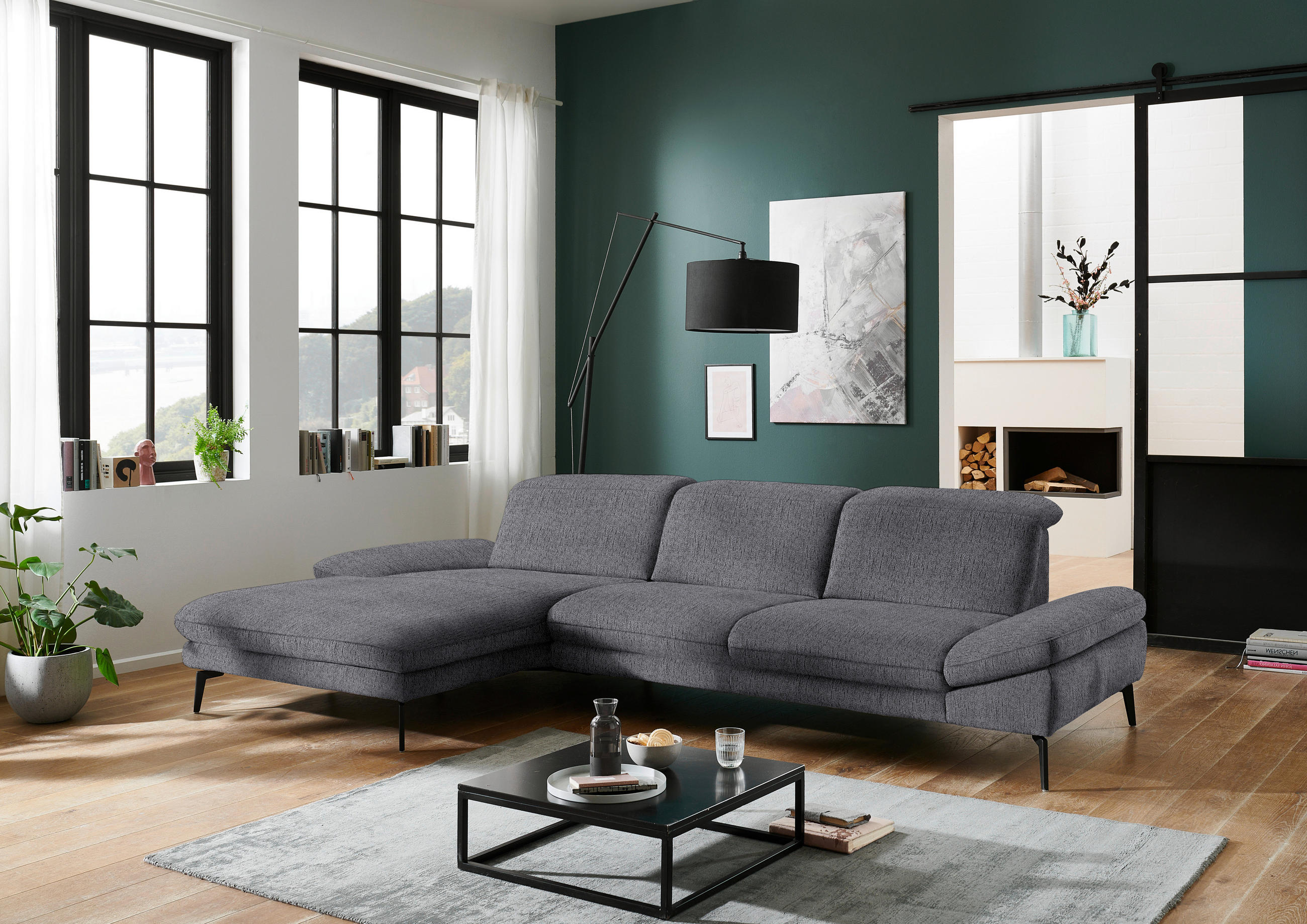 ECKSOFA in Chenille Anthrazit  - Anthrazit/Schwarz, Design, Textil/Metall (188/319cm) - Beldomo System