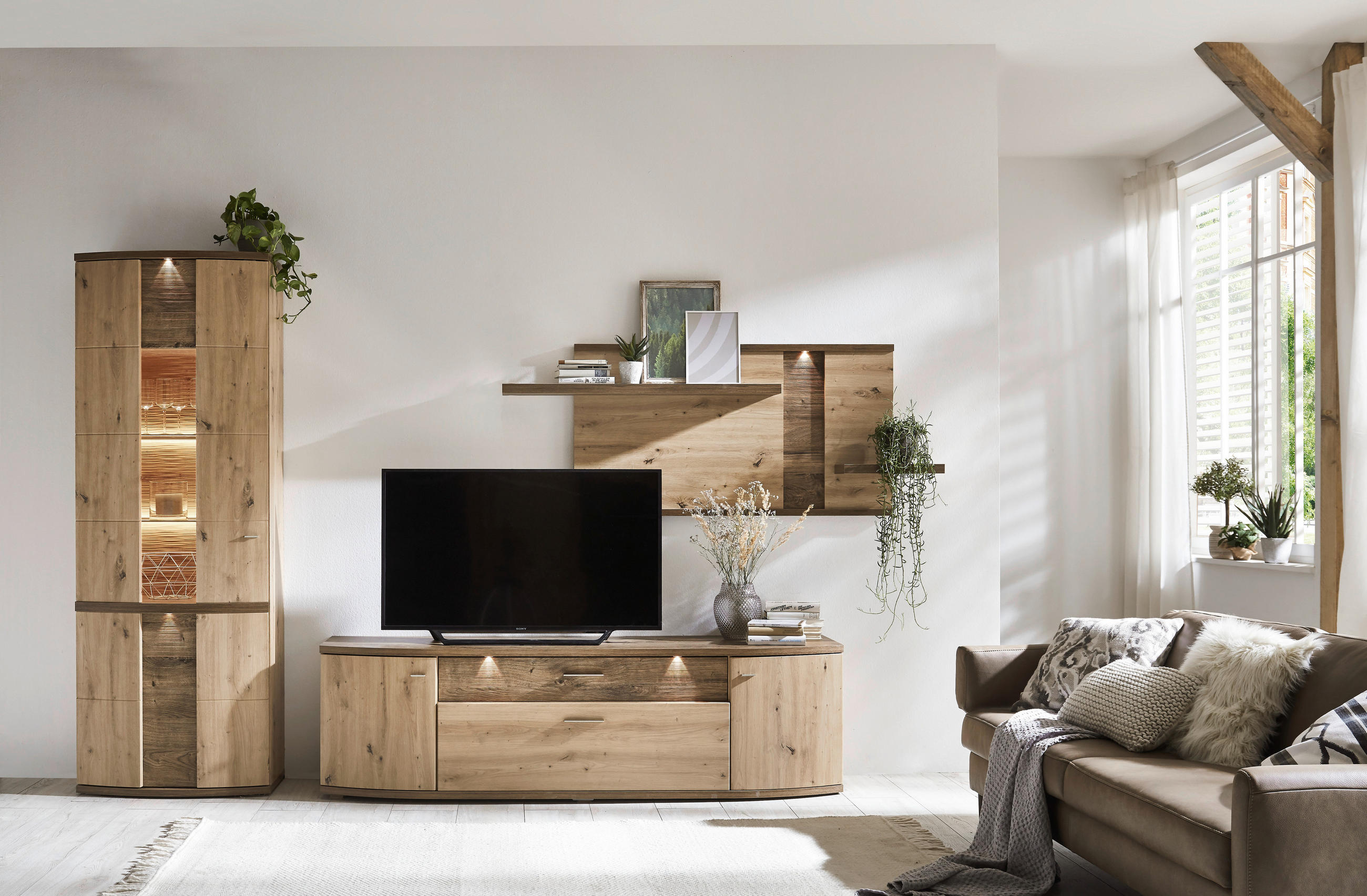 WOHNWAND  in Eichefarben, Eiche Artisan  313/209/50 cm  - Eichefarben/Eiche Artisan, Design, Glas/Holzwerkstoff (313/209/50cm) - Xora