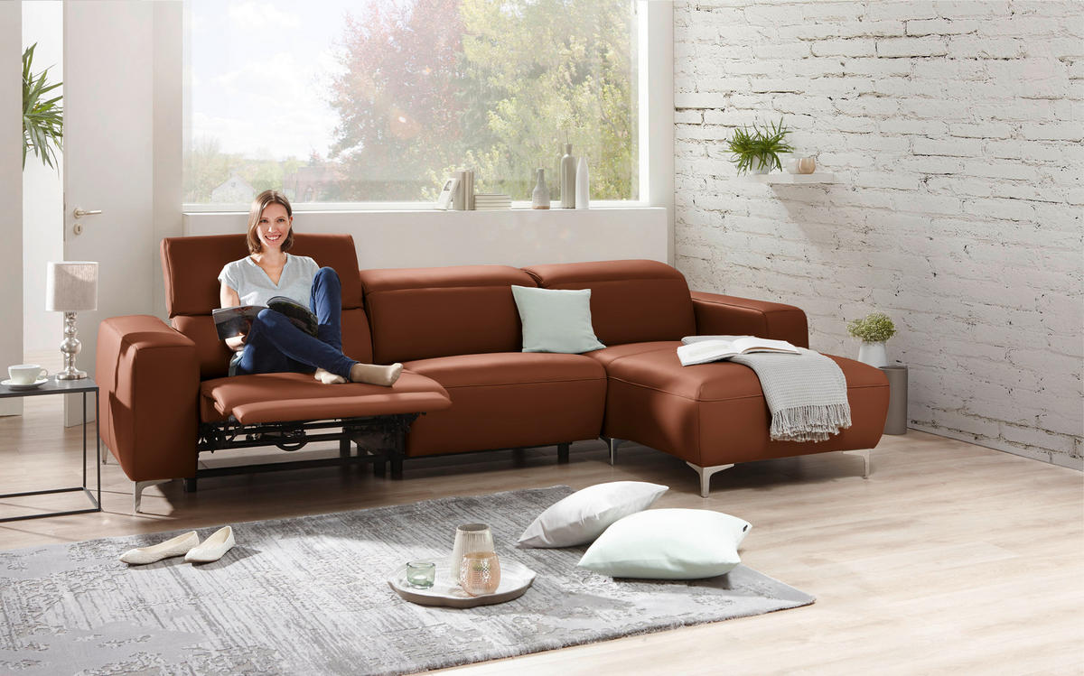 ECKSOFA in Echtleder Braun  - Chromfarben/Braun, Design, Leder/Metall (292/177cm) - Pure Home Lifestyle