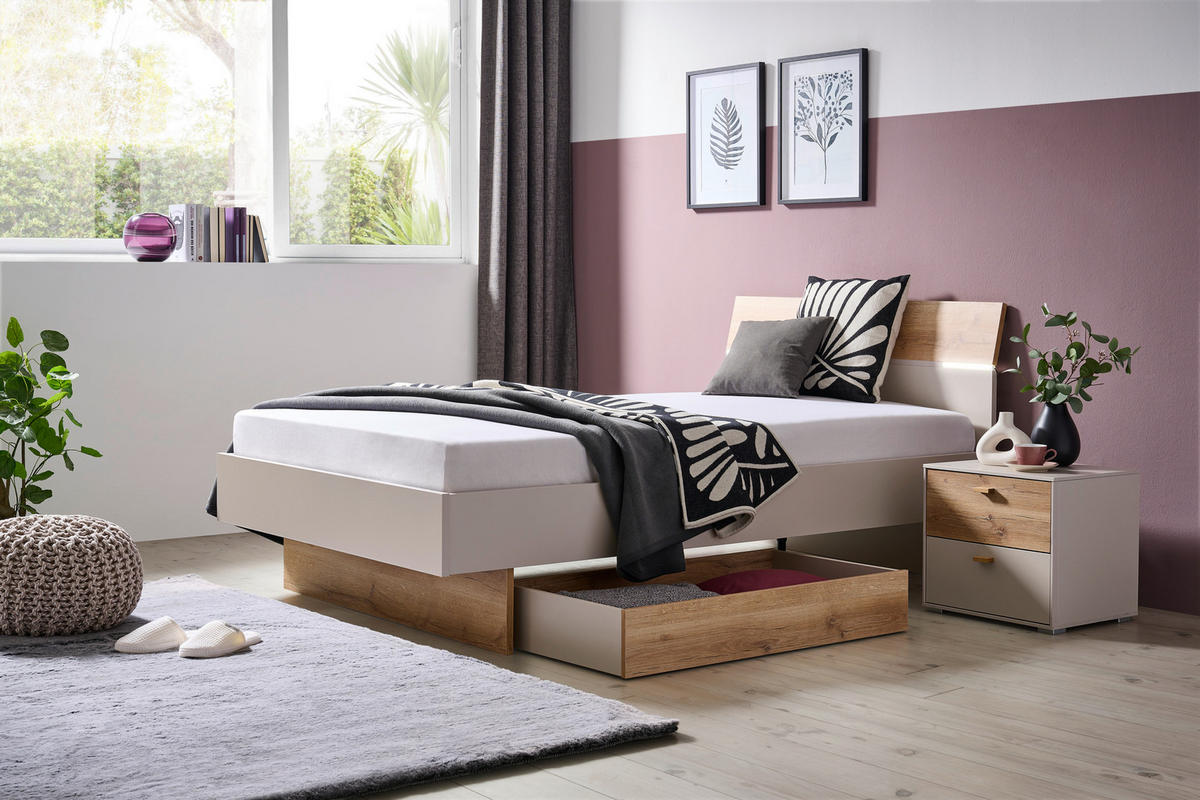 BETT 120/200 cm  in Eichefarben, Sandfarben   - Sandfarben/Eichefarben, Modern, Holzwerkstoff (120/200cm) - Hom`in