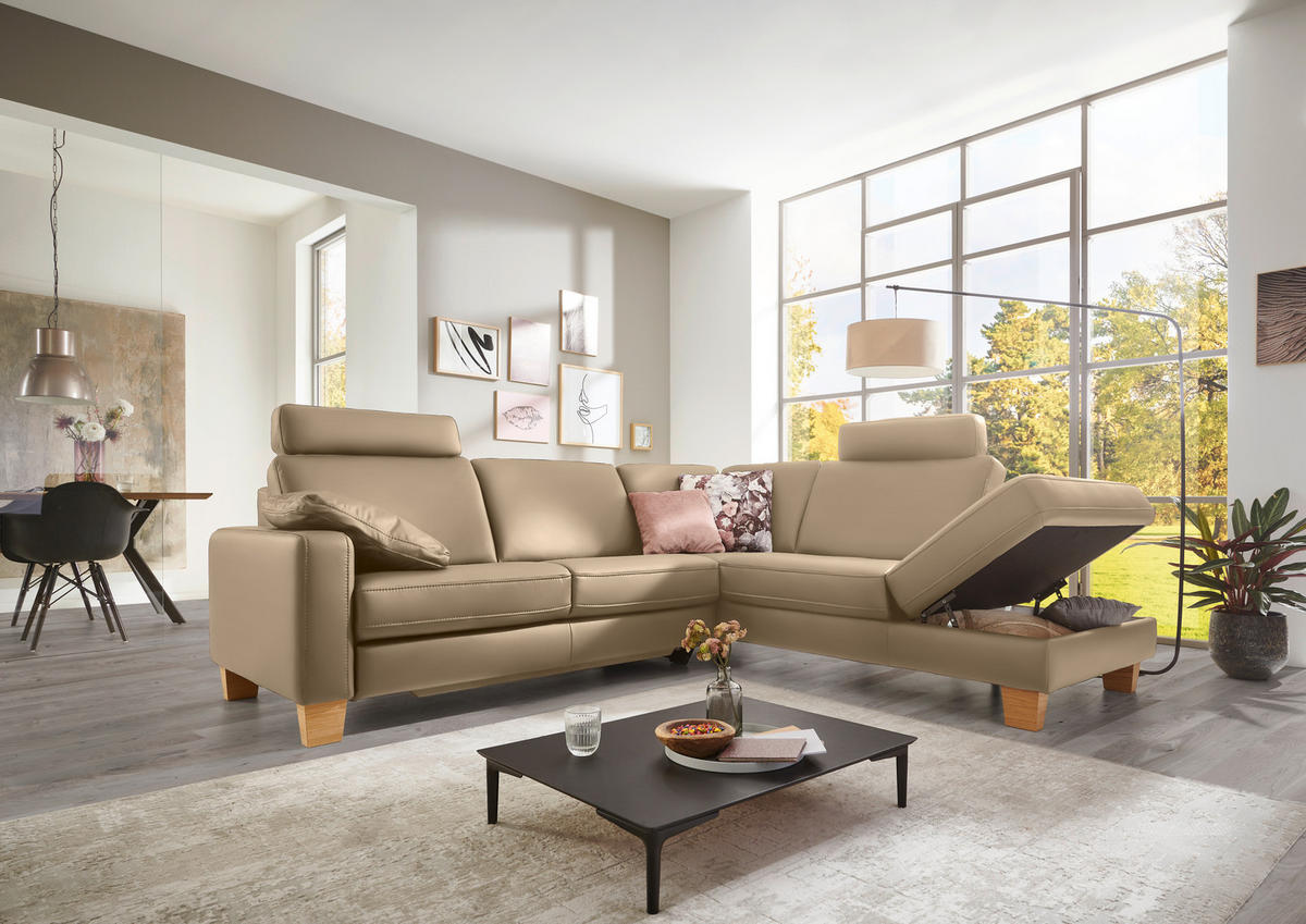 ECKSOFA in Echtleder Greige  257/235 cm  - Eiche Bianco/Greige, KONVENTIONELL, Leder/Holz (257/235cm) - Valdera