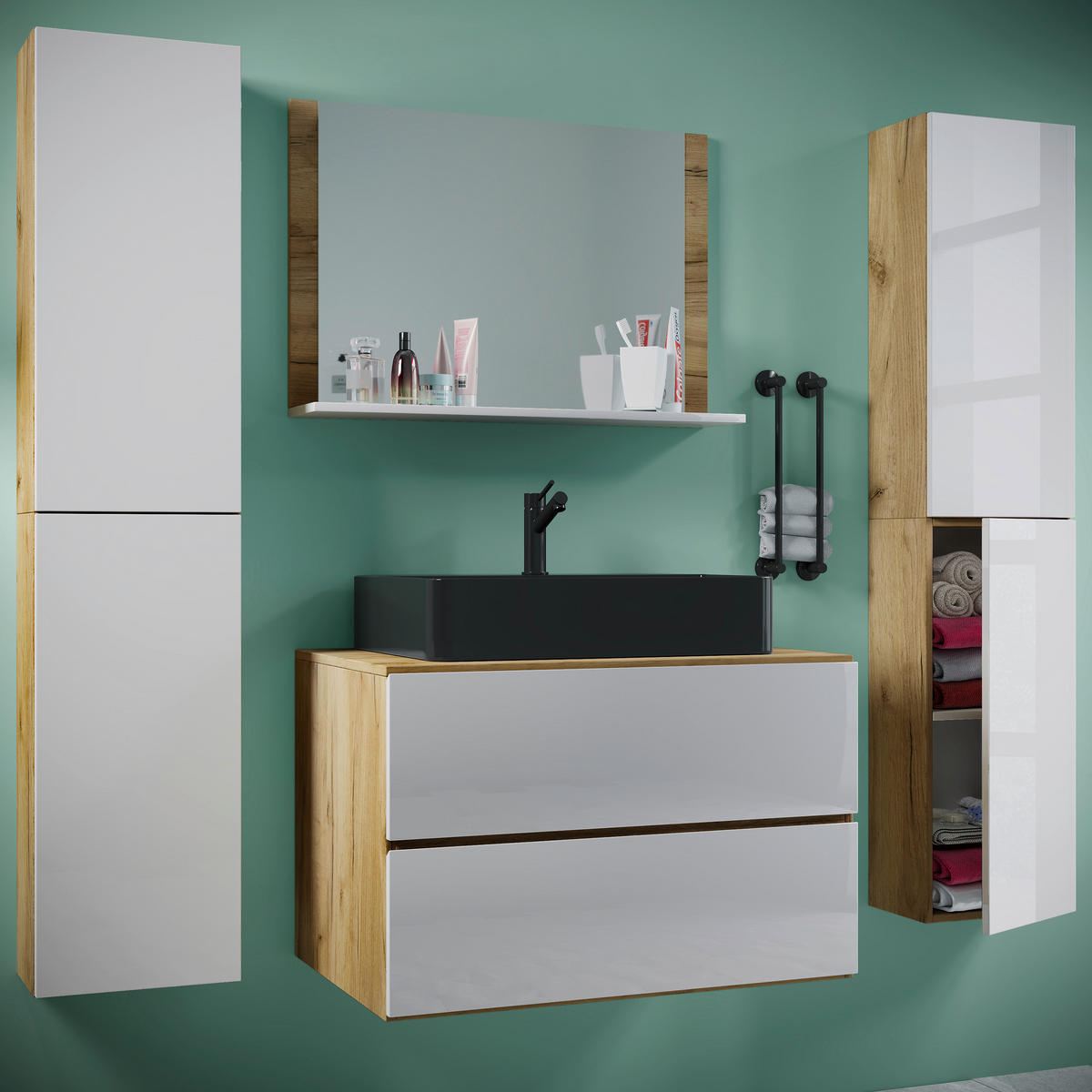 BADEZIMMER 5-teilig  in 147 cm  - Honigeiche/Schwarz, MODERN, Glas/Keramik (147cm) - MID.YOU