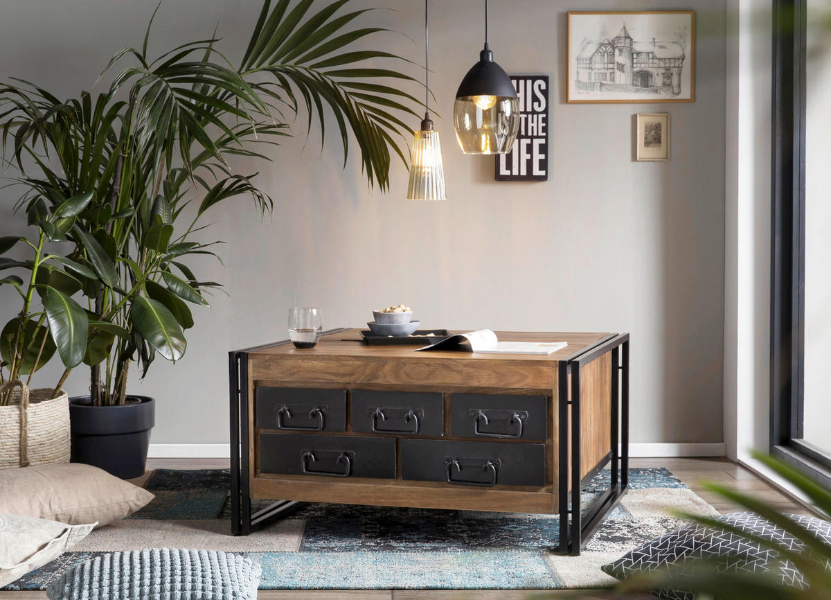 COUCHTISCH Akazie massiv 90/90/47 cm quadratisch Naturfarben, Schwarz  - Schwarz/Naturfarben, Design, Holz/Metall (90/90/47cm) - MID.YOU