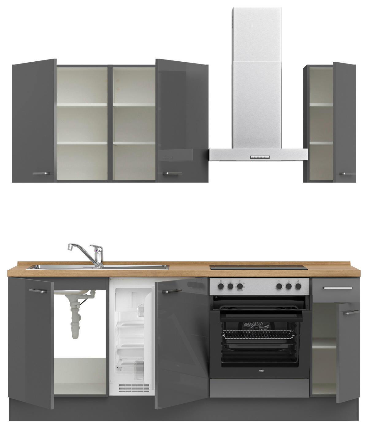 KÜCHENLEERBLOCK 210 cm   in Eichefarben, Schieferfarben  - Schieferfarben/Edelstahlfarben, MODERN, Holzwerkstoff/Metall (210cm) - Nobilia
