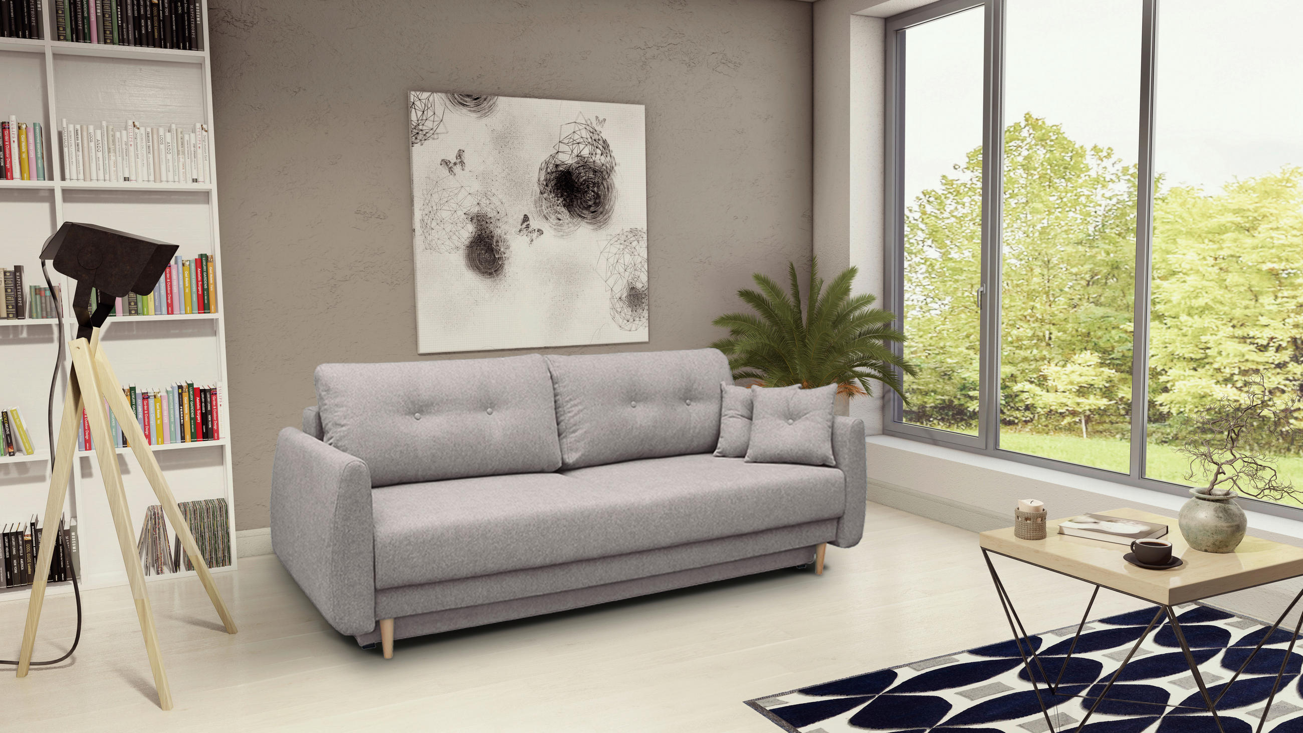 SCHLAFSOFA  mit Liegefunktion, Schlafen auf Sitzhöhe, Rücken echt Webstoff Grau  - Buchefarben/Grau, KONVENTIONELL, Holz/Textil (220/90/95cm) - Carryhome