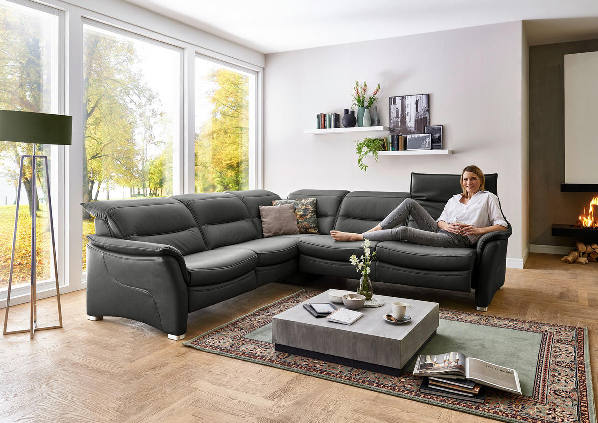 ECKSOFA in Echtleder Schwarz  - Alufarben/Schwarz, Design, Leder/Metall (277/277cm) - Valdera