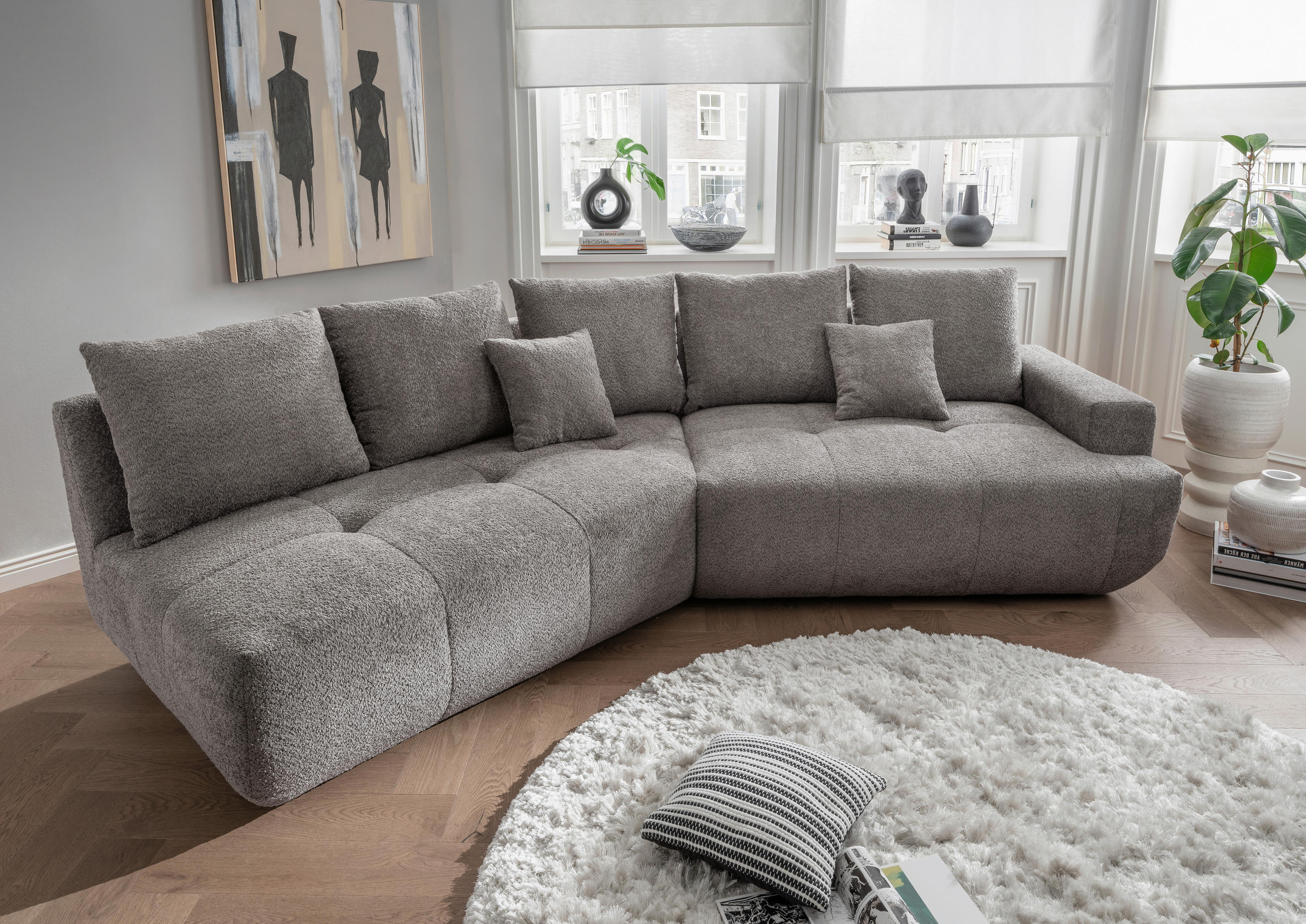 BIGSOFA Bouclé Anthrazit  - Anthrazit/Schwarz, MODERN, Kunststoff/Textil (323/91/155cm) - Livetastic