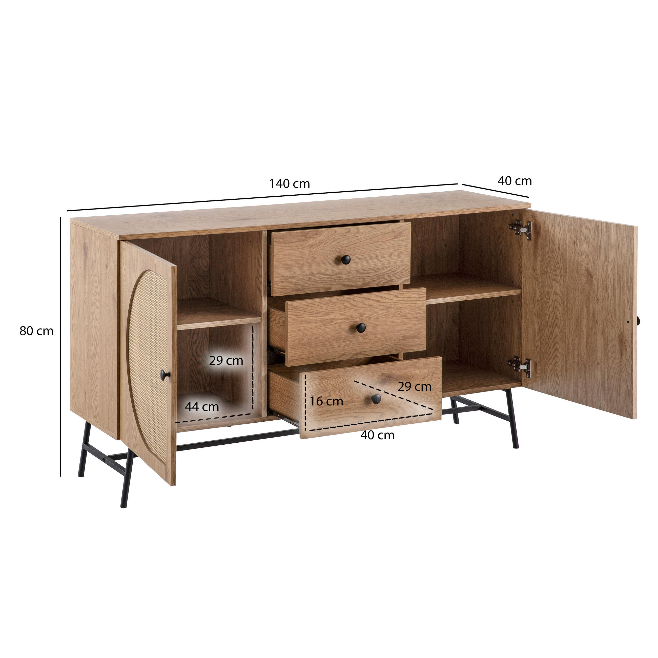 Thumbnail - Mid.you Sideboard, Eiche, Metall, 3 Schubladen, 140x80x40 cm, stehend, Schlafzimmer, Schlafzimmer Kommoden
