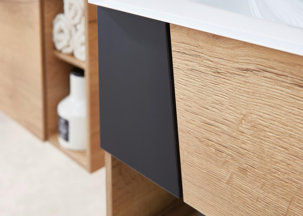 WASCHTISCHKOMBI 77 cm  - Eichefarben/Schwarz, KONVENTIONELL, Leder/Glas (77cm) - Sadena