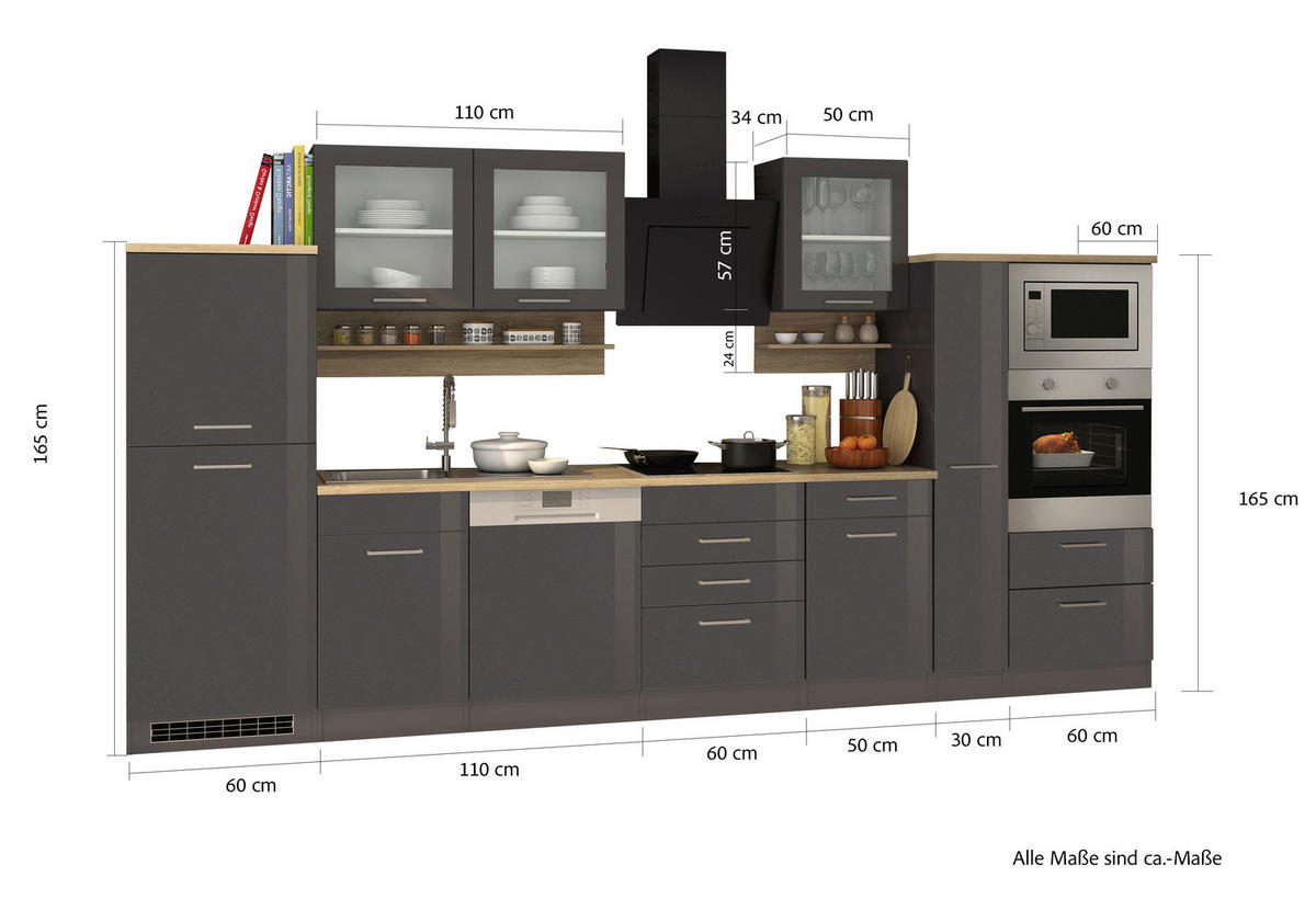 KÜCHENBLOCK 370 cm   in Graphitfarben  - Silberfarben/Graphitfarben, Modern, Glas/Holzwerkstoff (370cm) - Held