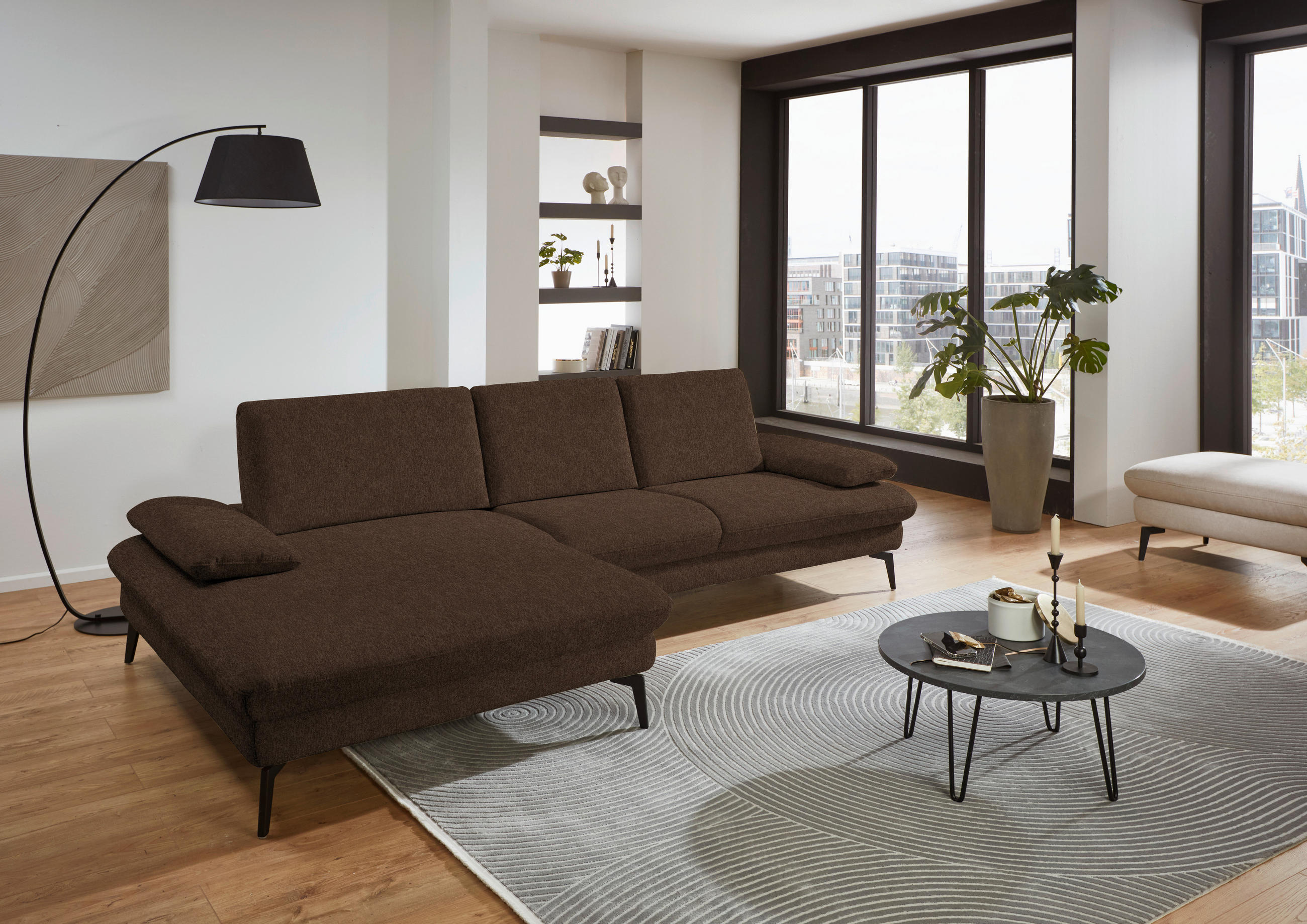 ECKSOFA in Chenille, Mikrofaser Dunkelbraun  - Dunkelbraun/Schwarz, Design, Textil/Metall (157/299cm) - Dieter Knoll