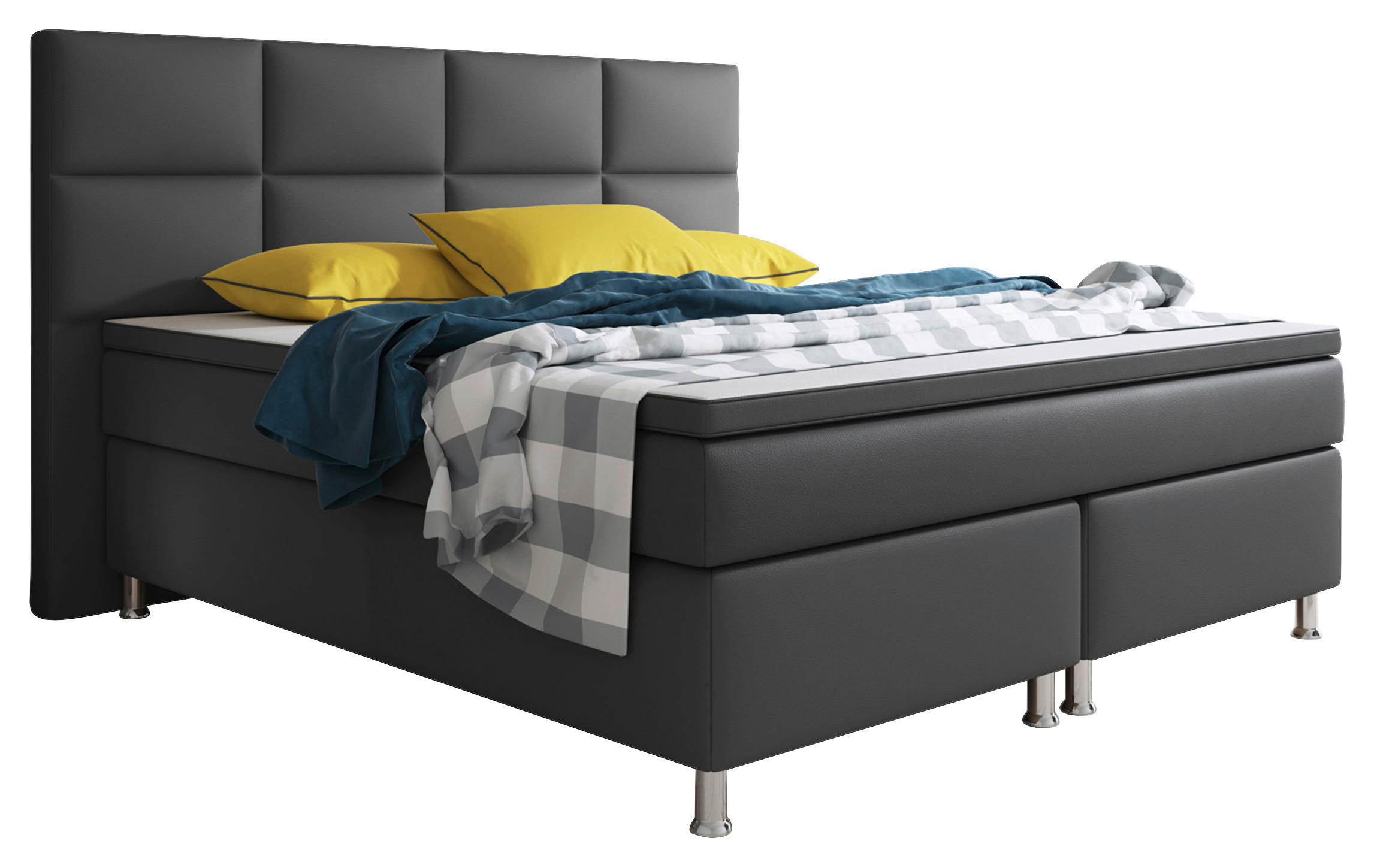Boxspringbett mit Topper /  in Anthrazit  - Anthrazit/Silberfarben, KONVENTIONELL, Leder/Textil (200/125/210cm) - MID.YOU