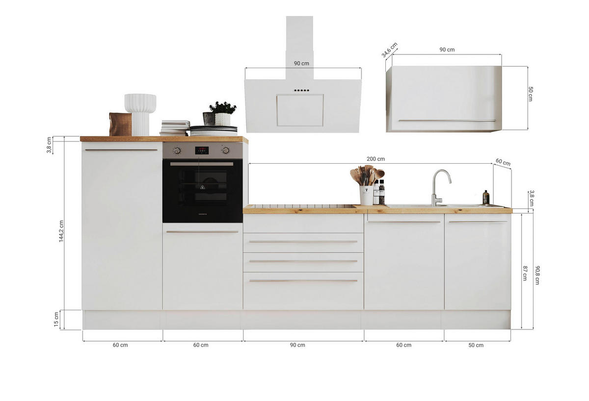 KÜCHENBLOCK 320 cm   in Grau, Weiß, Wildeiche  - Wildeiche/Edelstahlfarben, Basics, Holzwerkstoff/Kunststoff (320cm) - Respekta