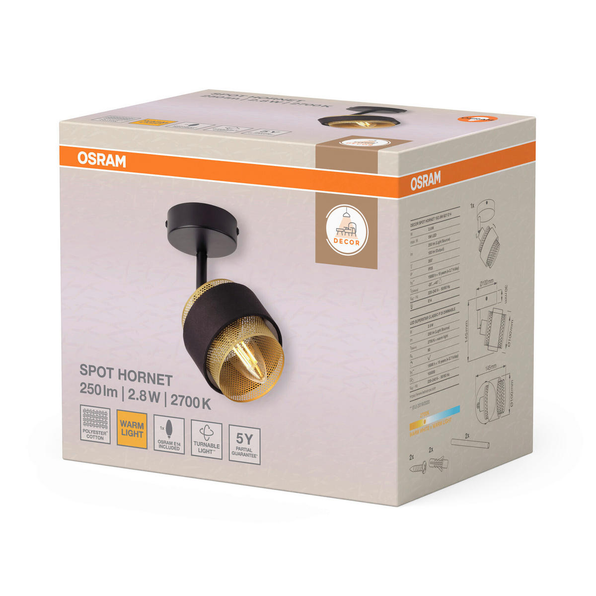 LED-STRAHLER 10/14,5/14,5 cm   - Goldfarben/Schwarz, Basics, Textil/Metall (10/14,5/14,5cm) - Osram