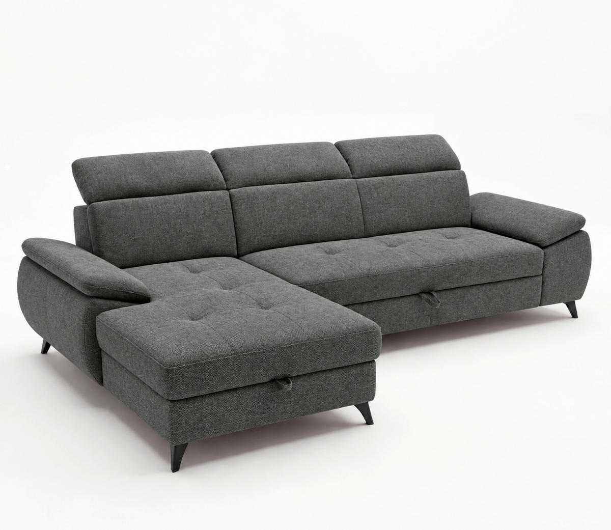 ECKSOFA TAOS Dunkelgrau Struktur Bettkasten, Rücken echt, Kopfteilverstellung, Stauraum  - Dunkelgrau/Schwarz, Basics, Holz/Textil (281/166cm) - MID.YOU