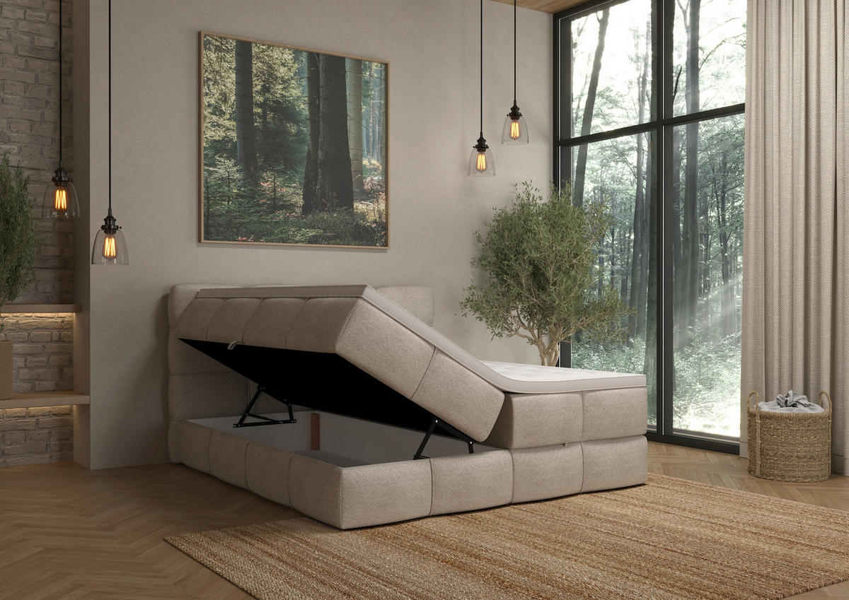 BOXSPRINGBETT 160/200 cm,  in Elfenbein, gepolstertes Kopfteil, Bettkasten, Topper, Matratzen, H3 + H3 = fest  - Elfenbein/Schwarz, Design, Kunststoff/Textil (160/200cm) - Chameo