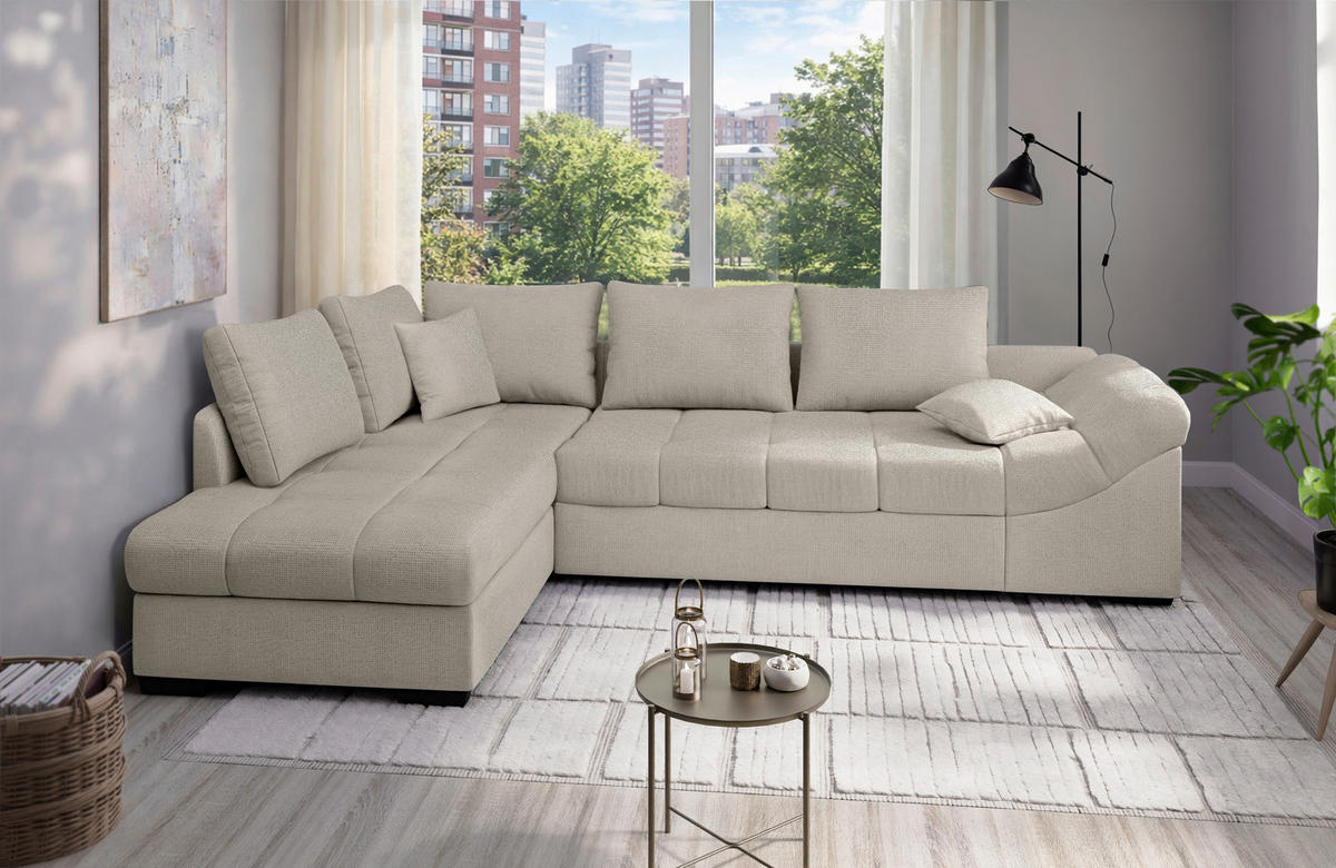 ECKSCHLAFSOFA Alvito in Chenille Beige  - Beige/Schwarz, MODERN, Holz/Textil (202/298cm) - MID.YOU