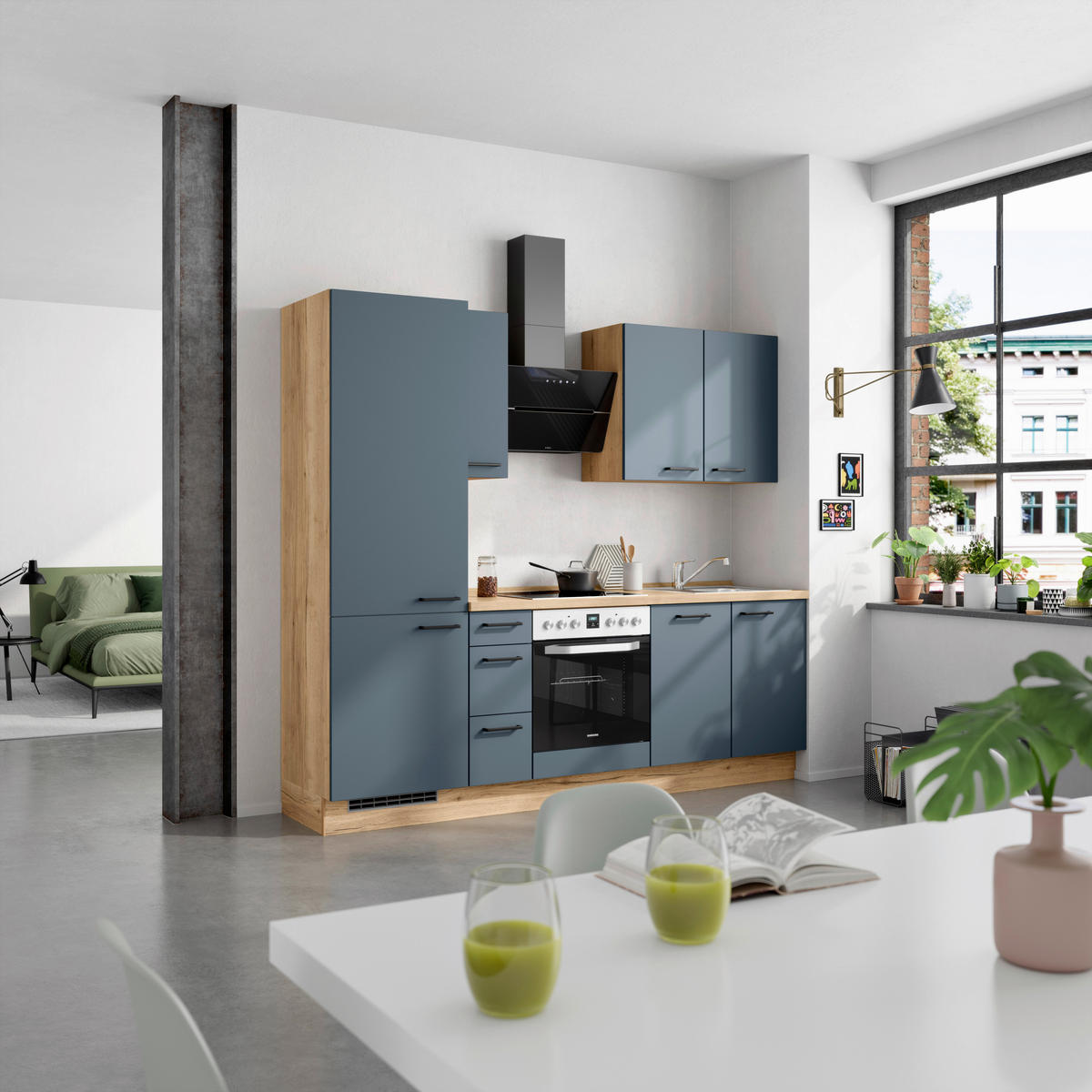 KÜCHENBLOCK Easytouch 240 cm  in Eichefarben, Dunkelblau  - Eichefarben/Schwarz, MODERN, Holzwerkstoff/Metall (240cm) - Nobilia