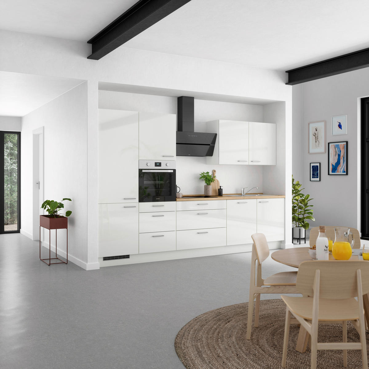 KÜCHENLEERBLOCK 330 cm   in Eichefarben, Weiß Hochglanz  - Edelstahlfarben/Eichefarben, MODERN, Holzwerkstoff/Metall (330cm) - Nobilia