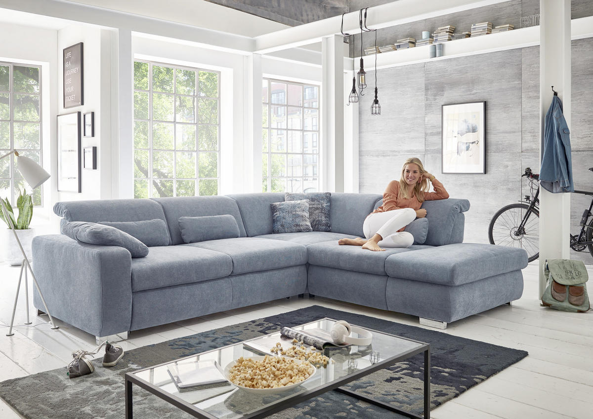 ECKSOFA in Flachgewebe Hellblau  - Chromfarben/Hellblau, Design, Textil/Metall (301/260cm) - Beldomo Style