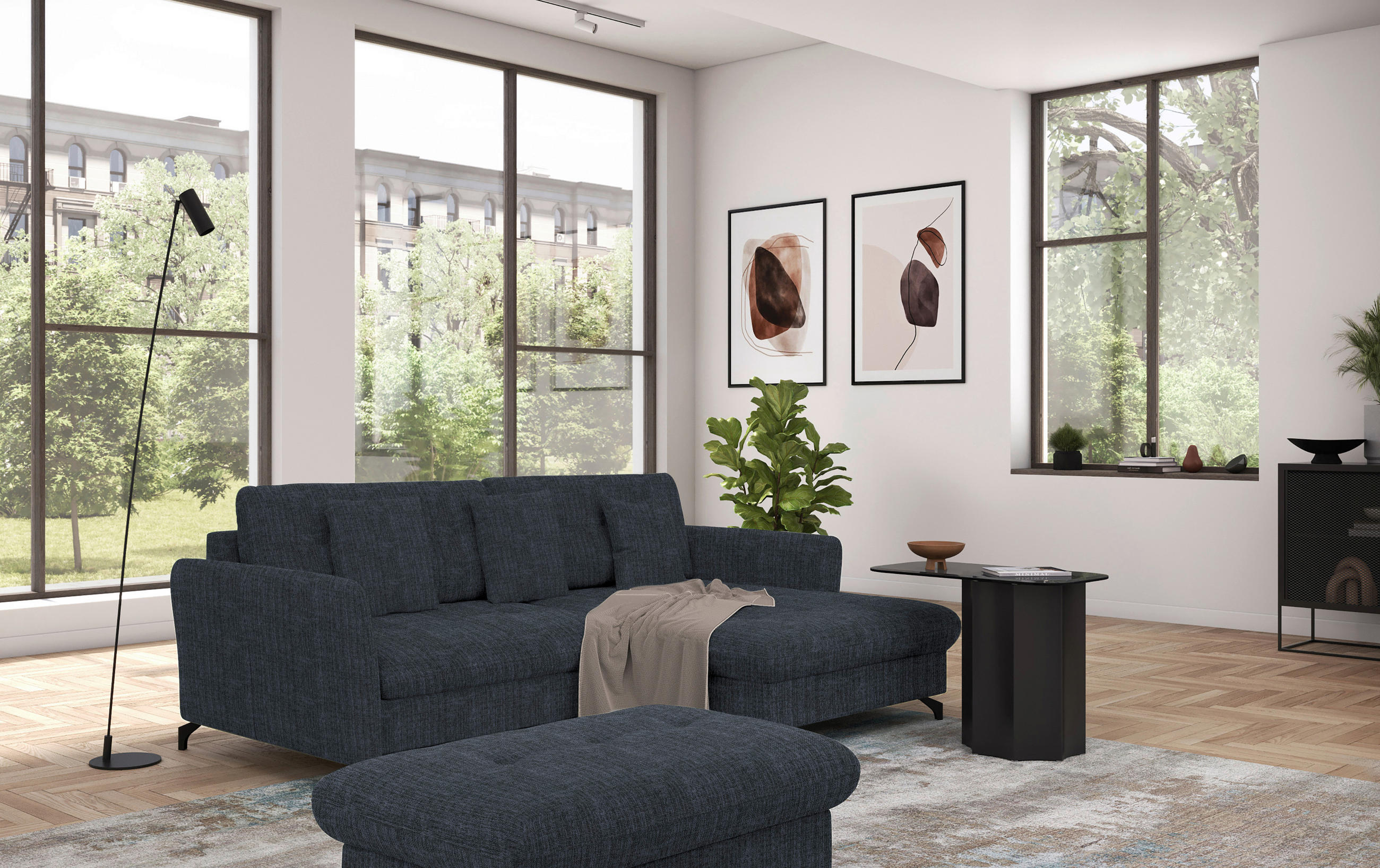 ECKSOFA in Flachgewebe, Leinenoptik Dunkelblau - Schwarz/Dunkelblau, Design, Textil/Metall (242/170cm) - Xora