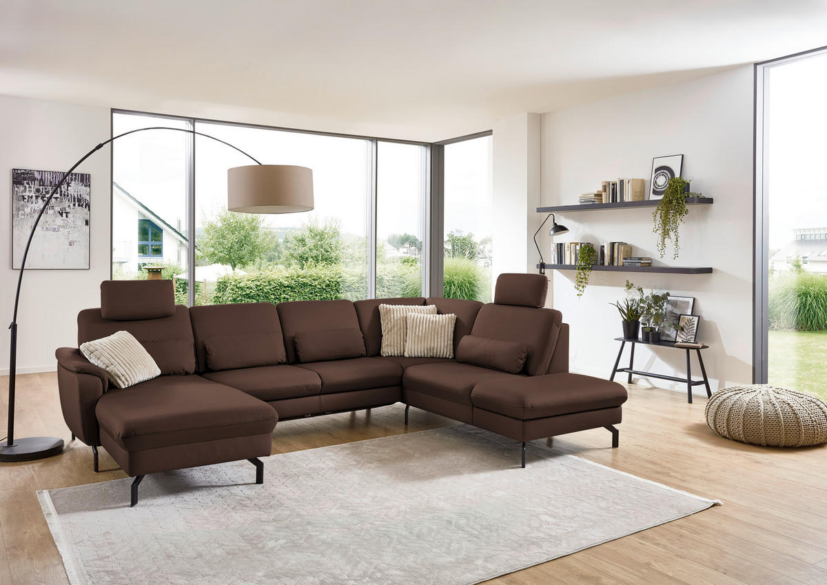 WOHNLANDSCHAFT Echtleder Mokka  - Schwarz/Mokka, Konventionell, Leder/Metall (168/306/224cm) - Beldomo Premium