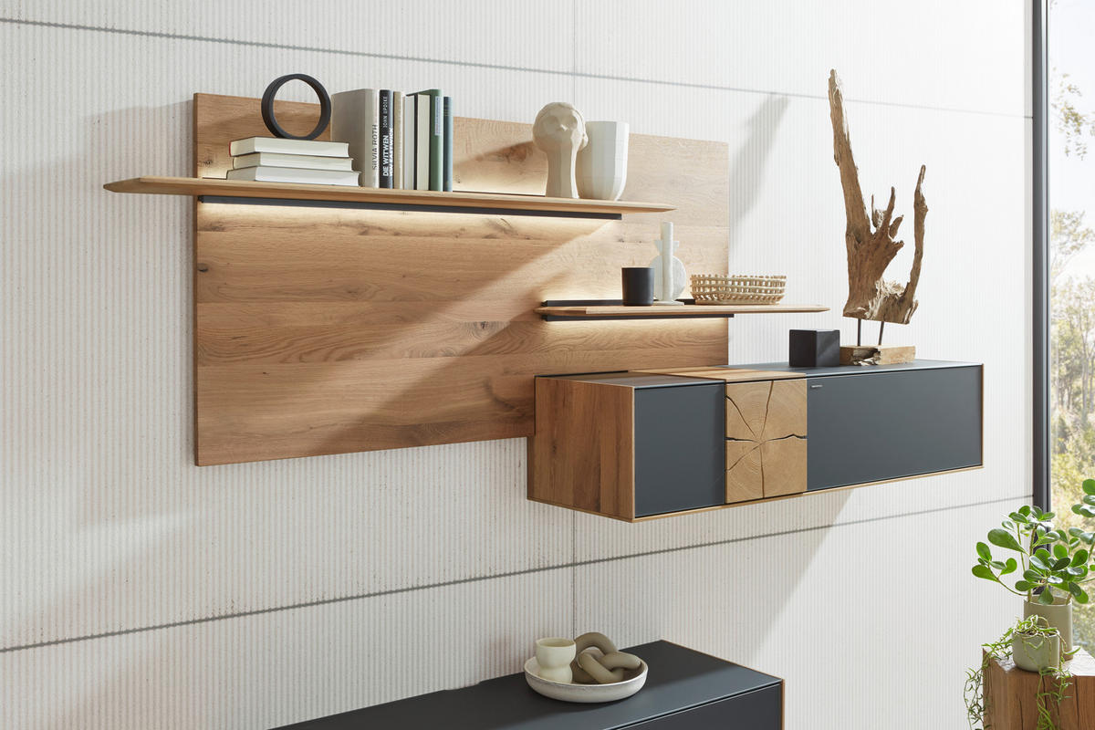 WOHNWAND  in Anthrazit, Eichefarben 343/196/44 cm  - Eichefarben/Anthrazit, Design, Glas/Holz (343/196/44cm) - Valnatura