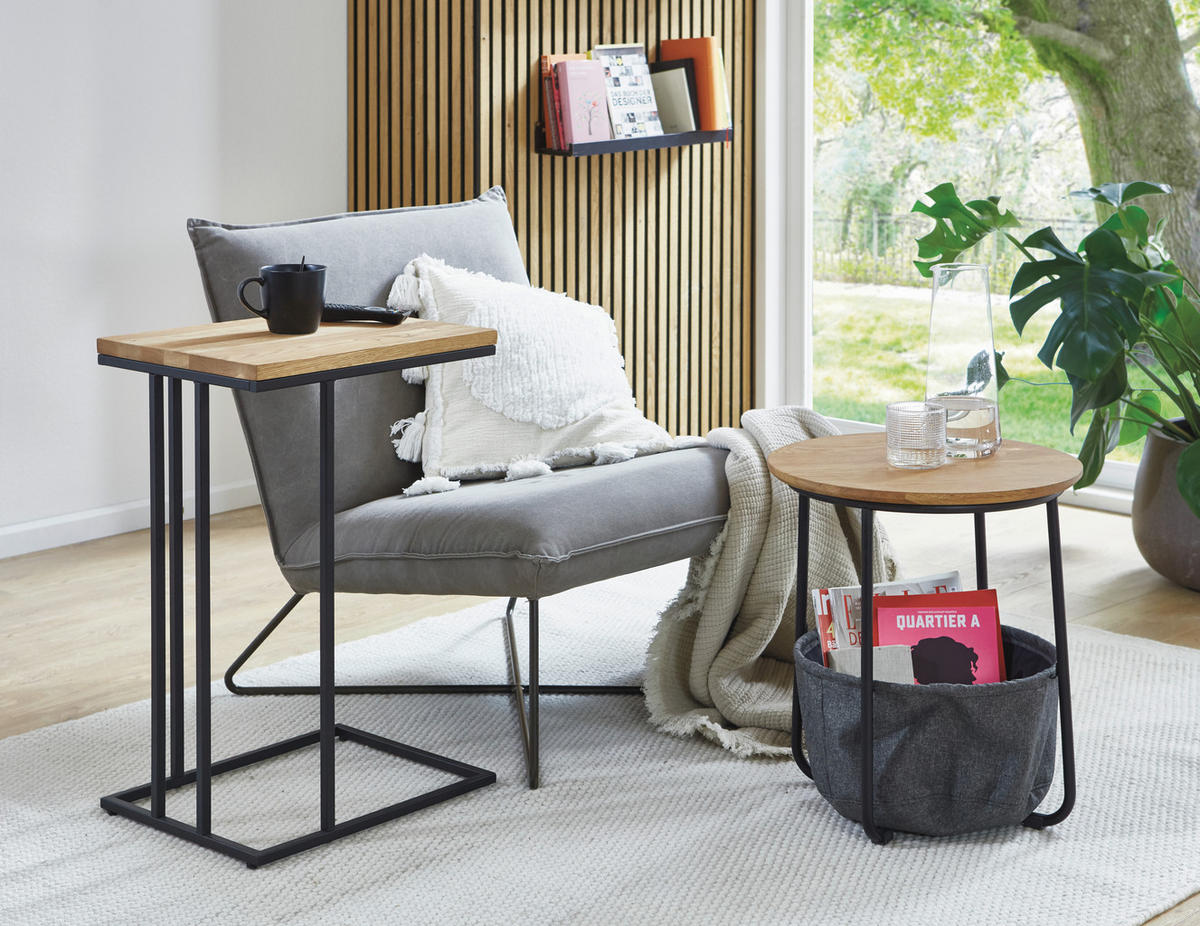 Beistelltisch Rubi 2 45/45/50 cm Eiche Hartholz Grau, Schwarz, Eichefarben rund  - Eichefarben/Schwarz, Trend, Holz/Textil (45/45/50cm)