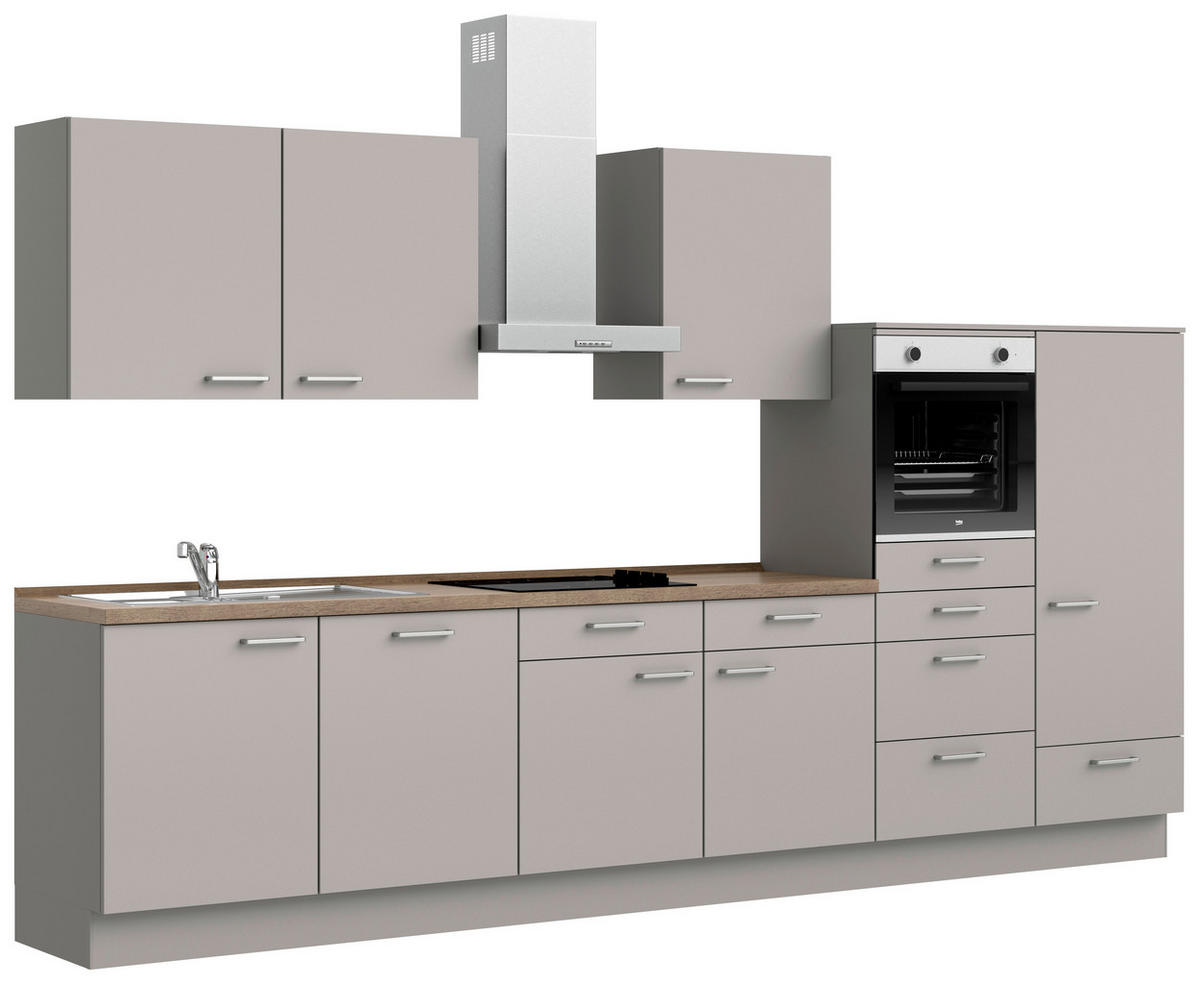 KÜCHENBLOCK 360 cm   in Grau, Eiche dunkel  - Eiche dunkel/Edelstahlfarben, MODERN, Holzwerkstoff/Metall (360cm) - Nobilia