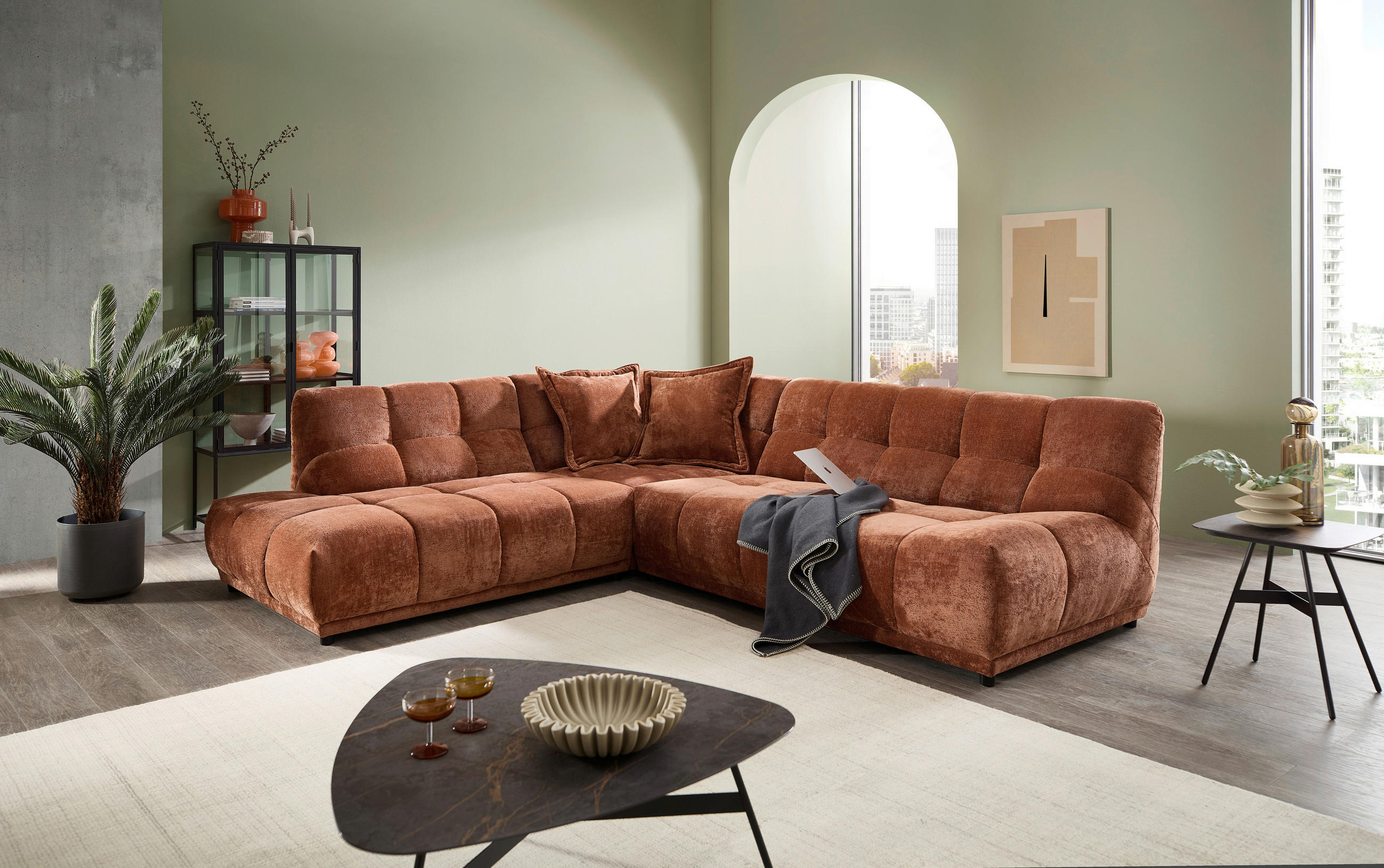 ECKSOFA ITALIA in Chenille Rostfarben  250/284 cm  - Rostfarben/Schwarz, MODERN, Kunststoff/Textil (250/284cm) - Livetastic