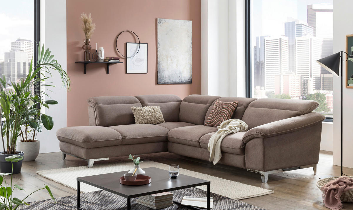 ECKSOFA in Chenille Taupe  - Taupe/Chromfarben, Design, Textil/Metall (232/293cm) - Livetastic