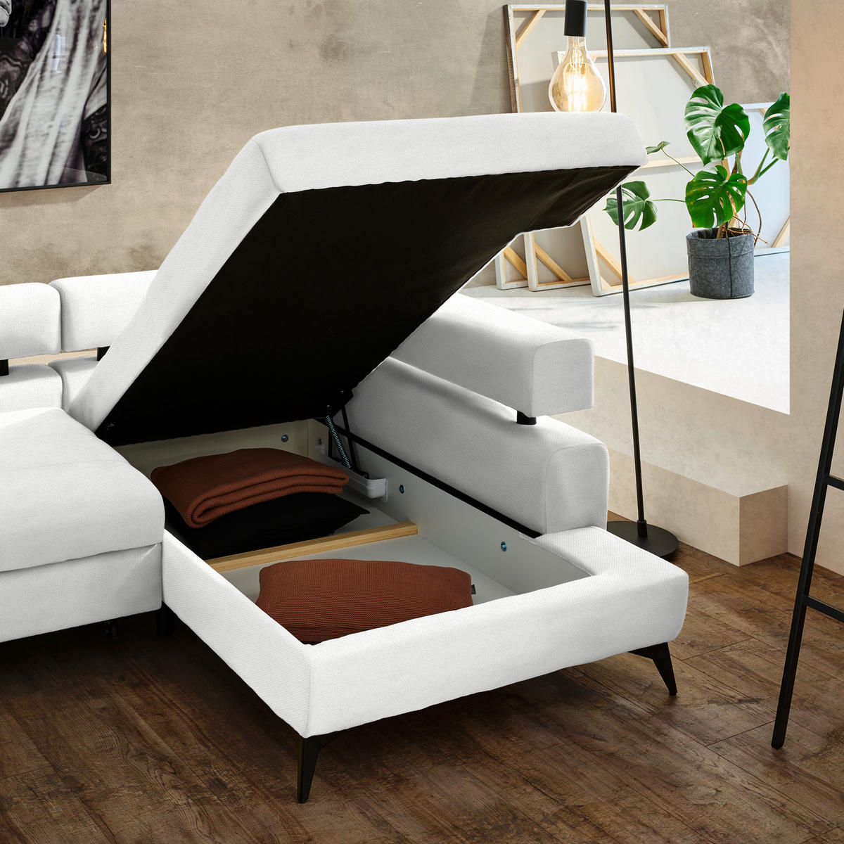 ECKSOFA in Chenille Weiss  - Weiss/Schwarz, Konventionell, Textil/Metall (265/184cm) - Hom`in