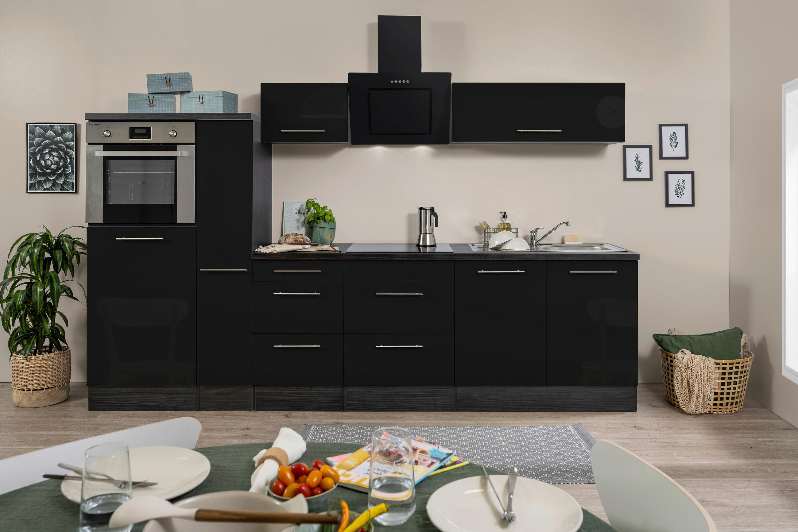 KÜCHENBLOCK 300 cm   in Schwarz, Eichefarben  - Edelstahlfarben/Eichefarben, Basics, Holzwerkstoff/Metall (300cm) - Respekta
